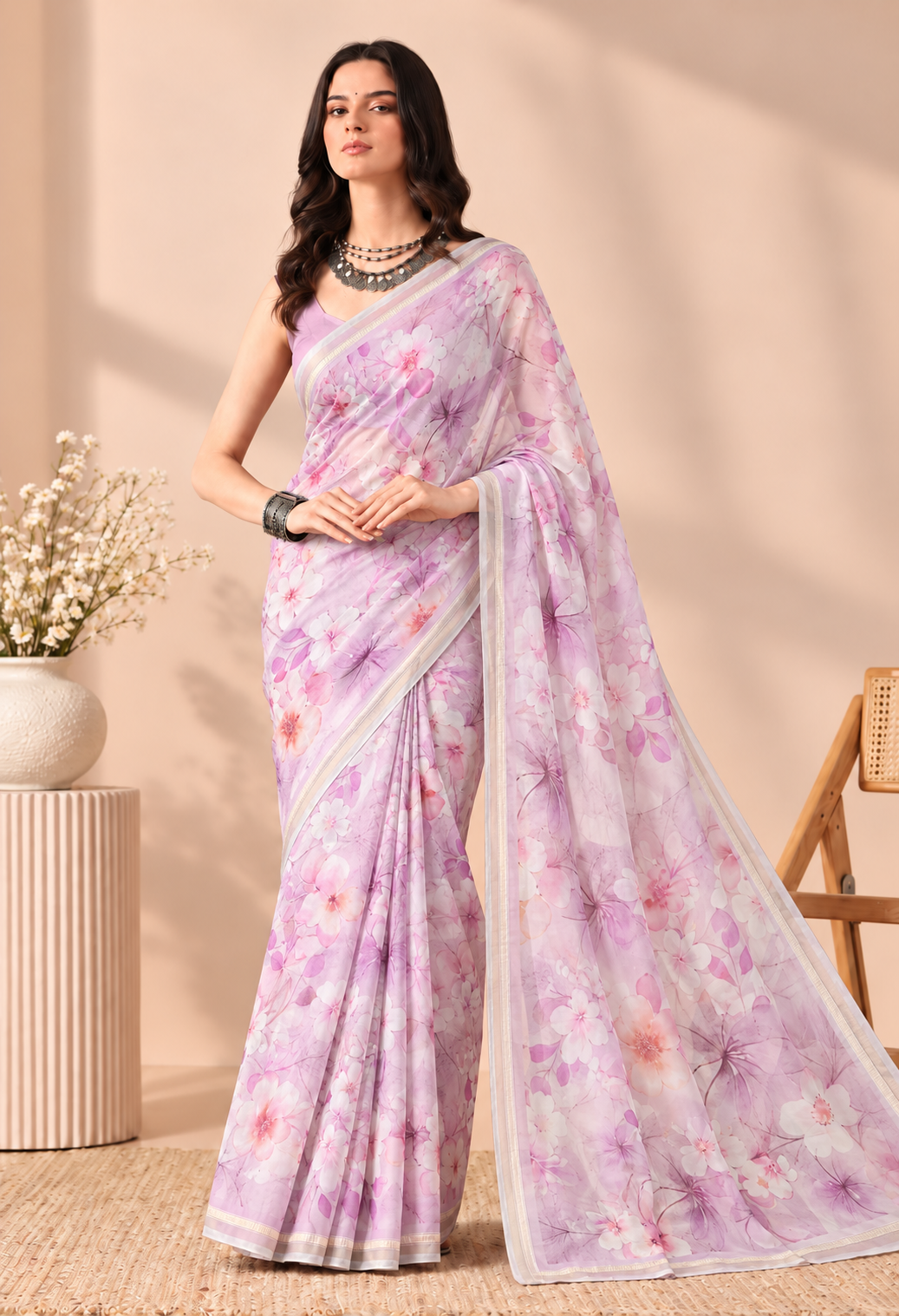 Elegant pink and lavender floral printed chiffon saree with a matching decorative border, draped beautifully for a graceful ethnic look.