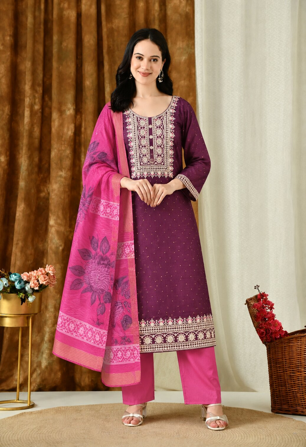Deep plum straight-fit kurta suit set featuring intricate cream embroidery on the neckline and hem, paired with bright pink straight pants and a matching pink dupatta adorned with floral prints and decorative borders.