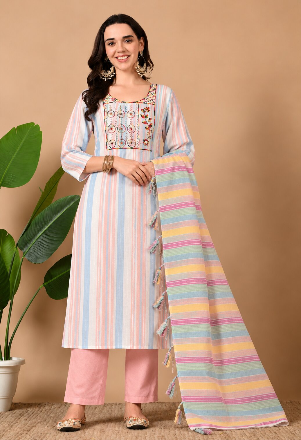 Pastel multicolour striped straight-fit kurta suit set featuring a square neckline with colourful floral embroidery, paired with pink straight pants and a matching multicolour striped dupatta with tassel detailing.