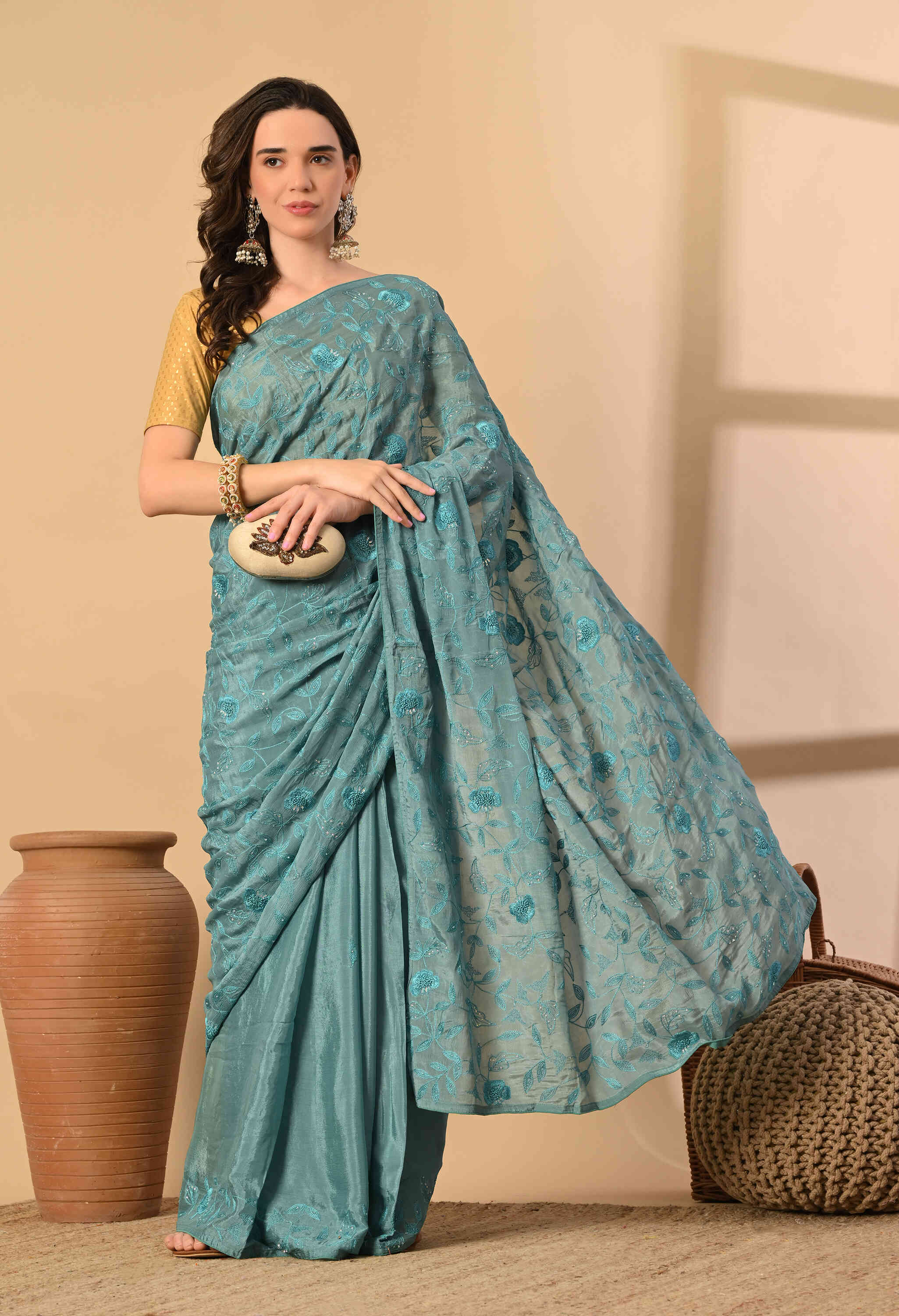 Party wear chinon chiffon saree with handwork