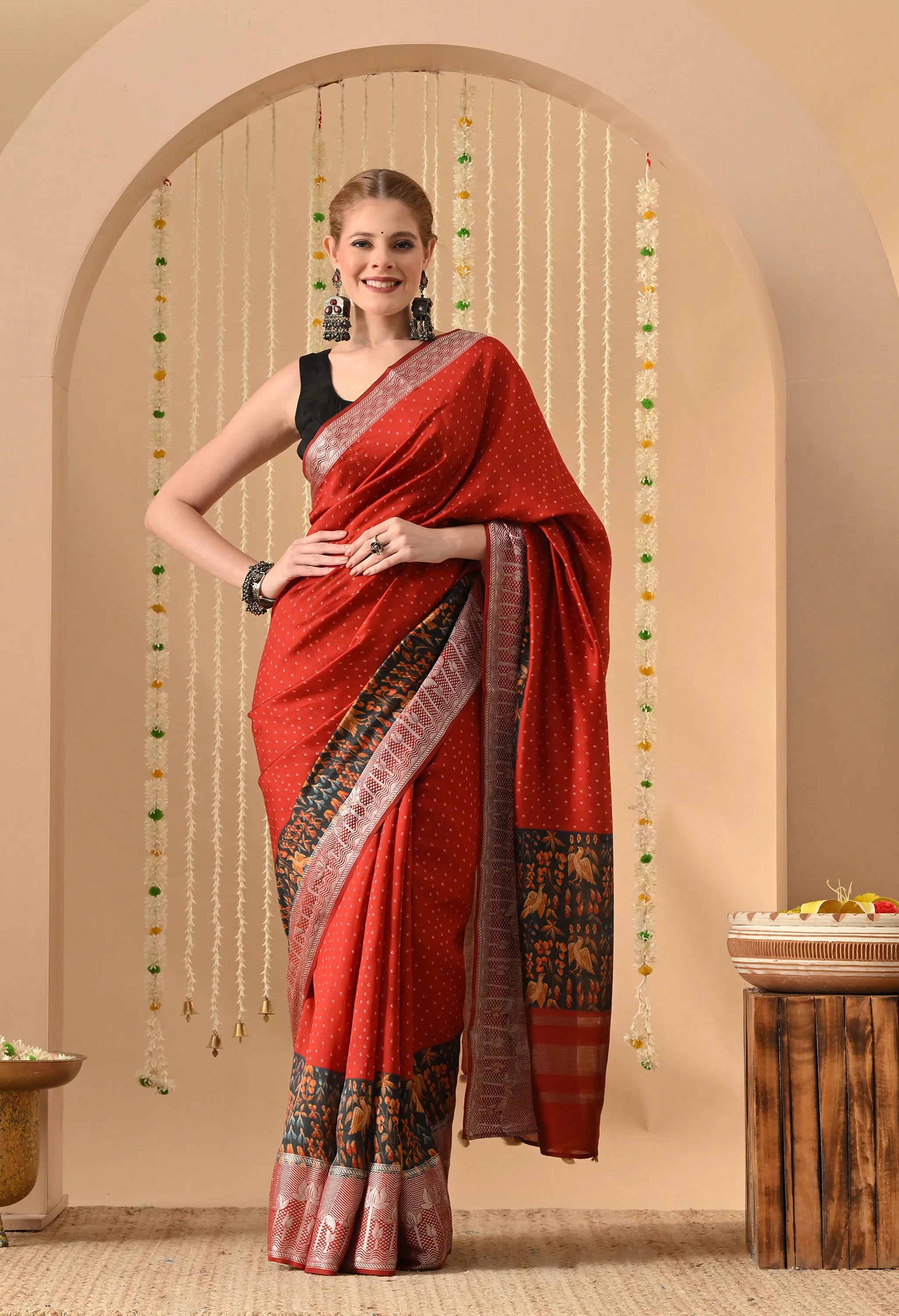 Party wear digital print on Muga silk sari