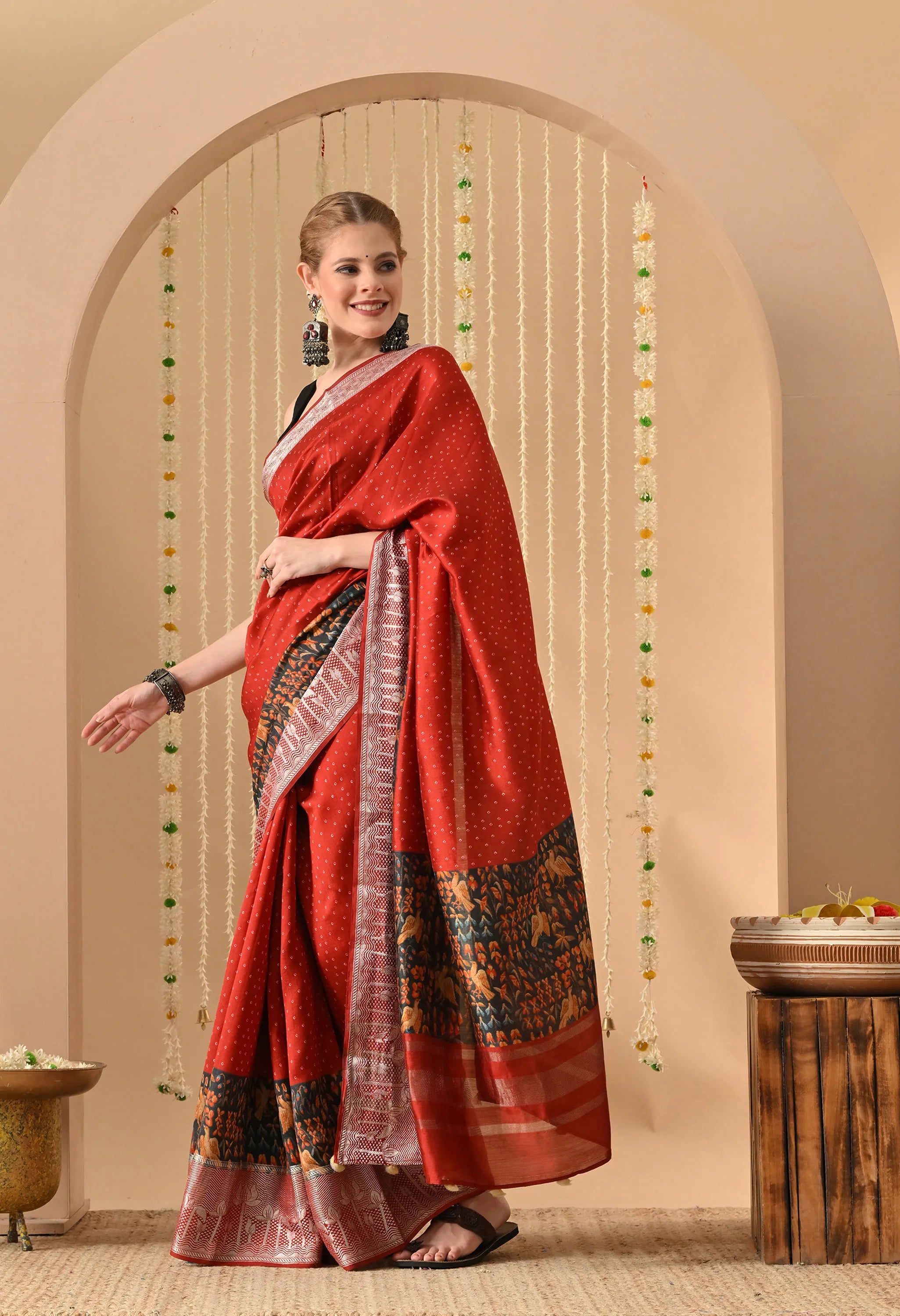 Party wear digital print on Muga silk sari