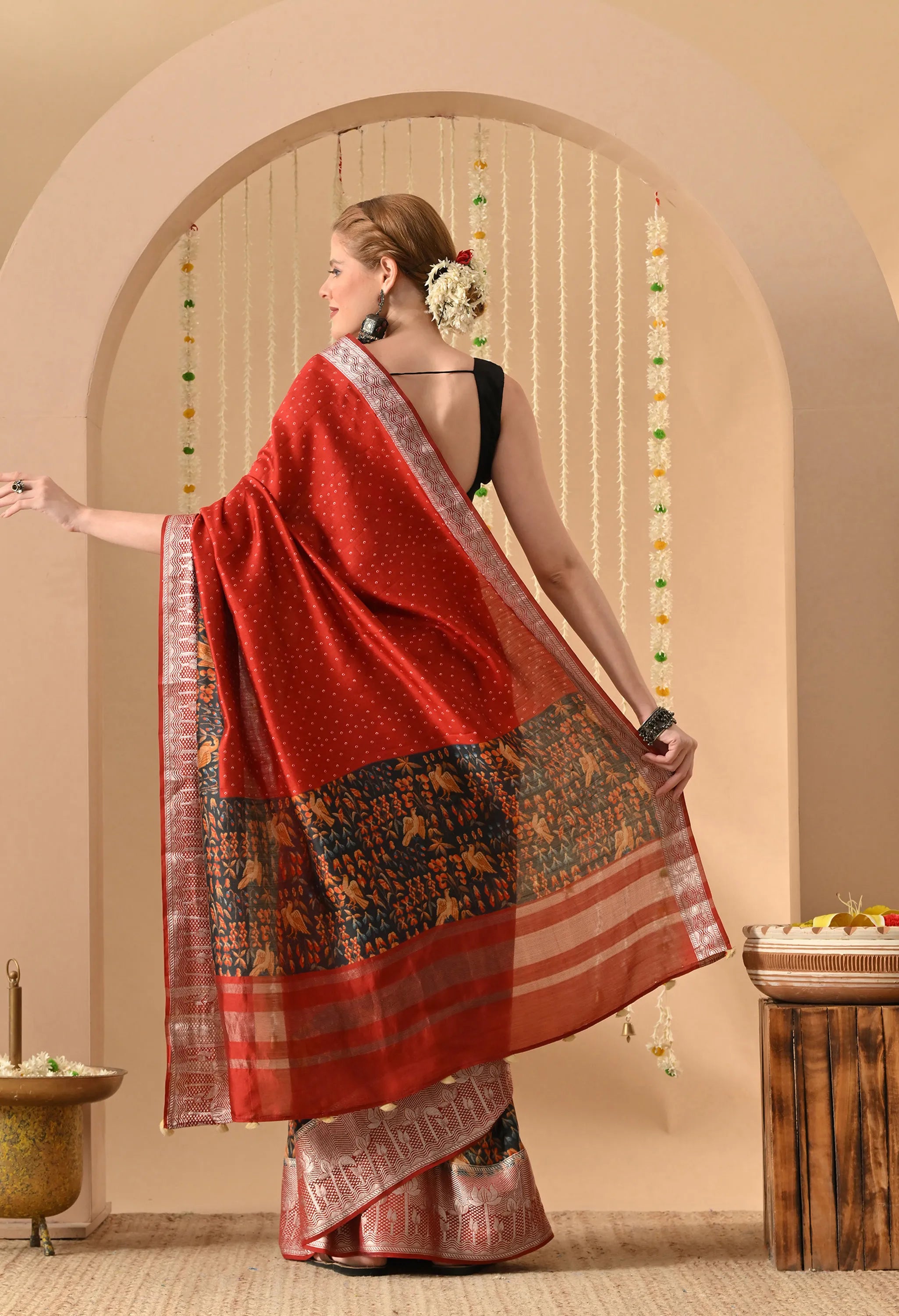 Party wear digital print on Muga silk sari