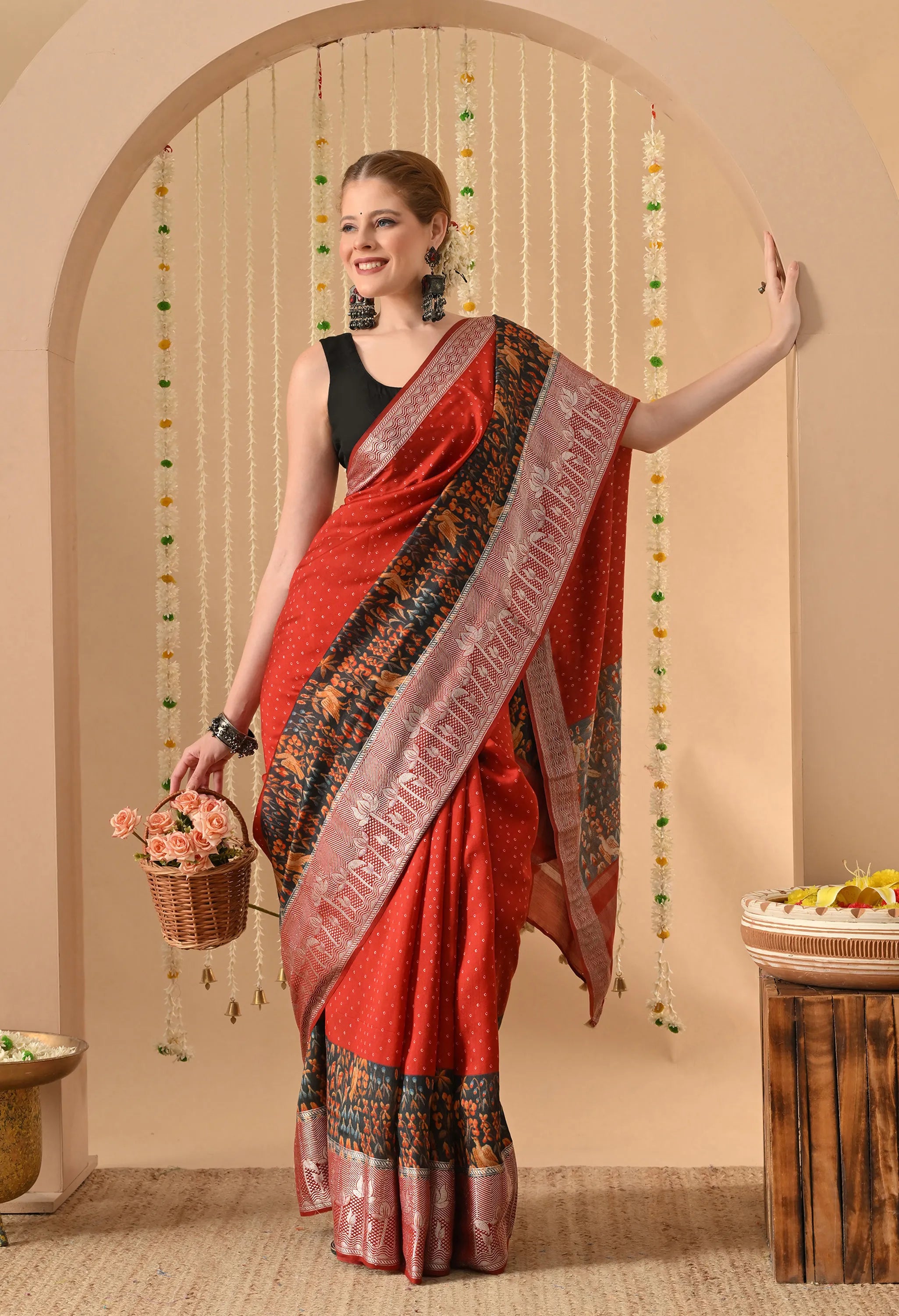 Party wear digital print on Muga silk sari