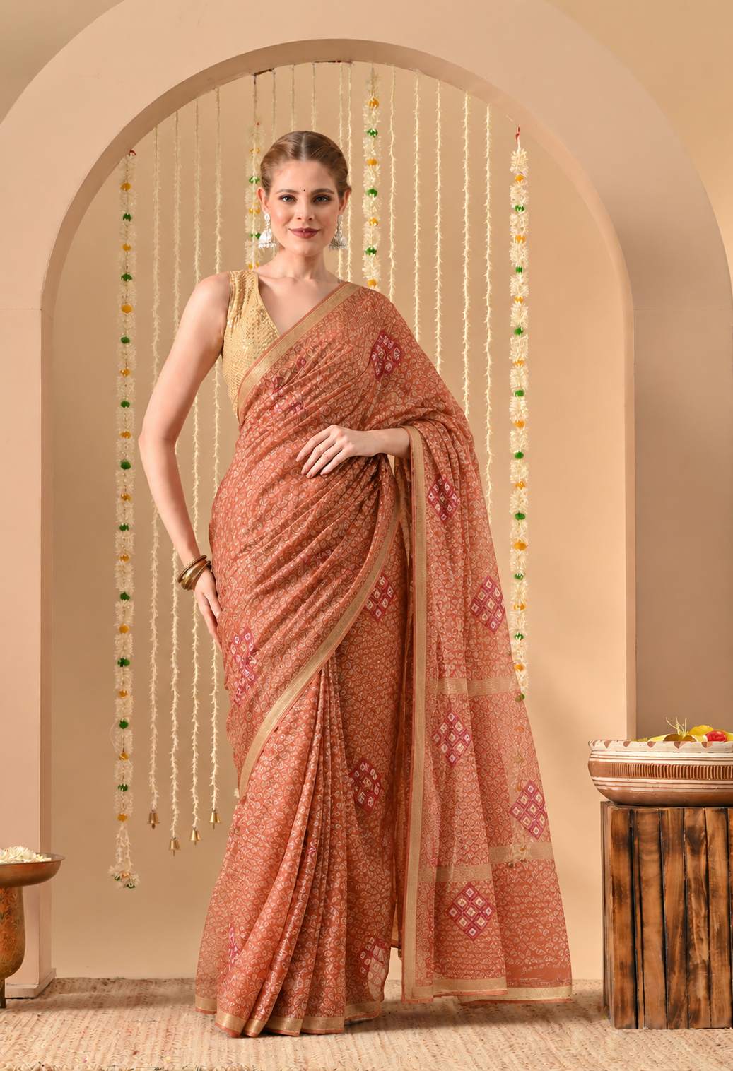 Pair this graceful chiffon saree with a matching blouse, traditional earrings, bangles, and elegant heels for a sophisticated festive look.
