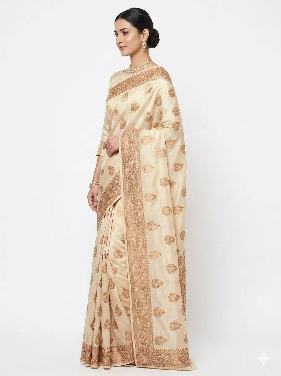 Side profile of a woman modelling the Off-White & Gold-Toned Woven Banarasi Silk Saree, highlighting the graceful drape of the premium silk fabric and the shimmering gold Zari floral motifs.