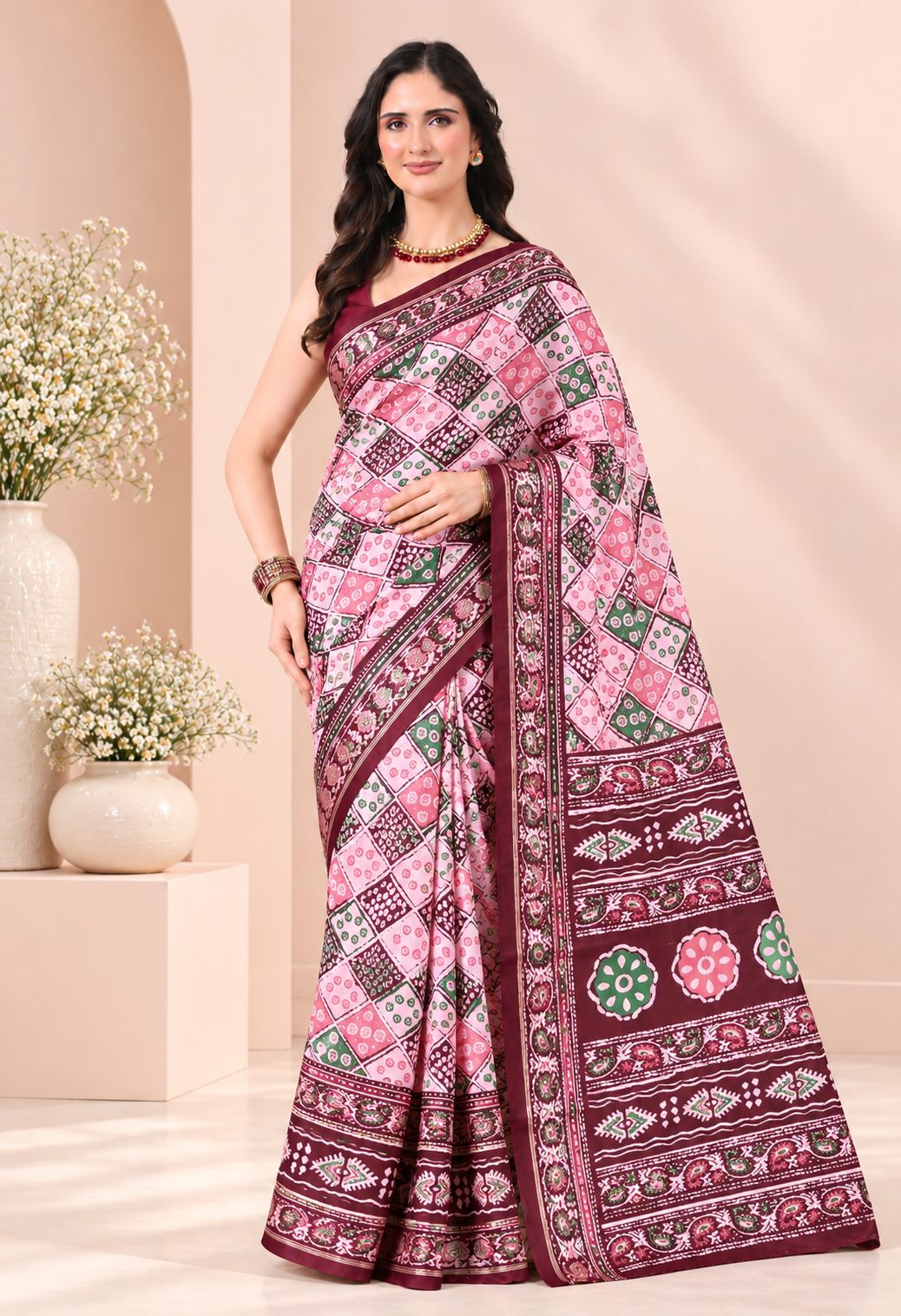 Pair it with a maroon blouse, traditional gold jewellery and embellished heels for a graceful festive look.
