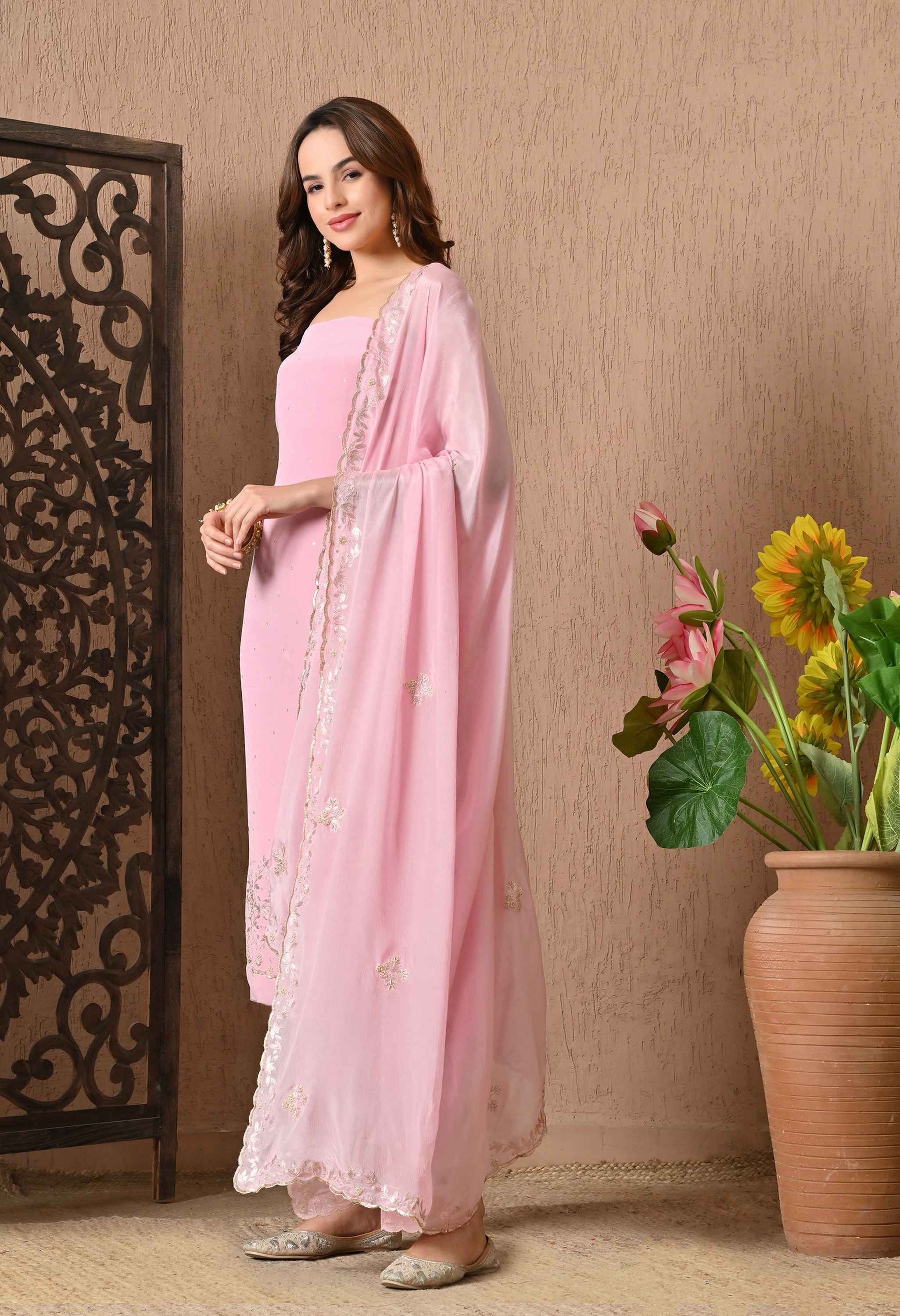Pink Handwork Crepe Suit Sets