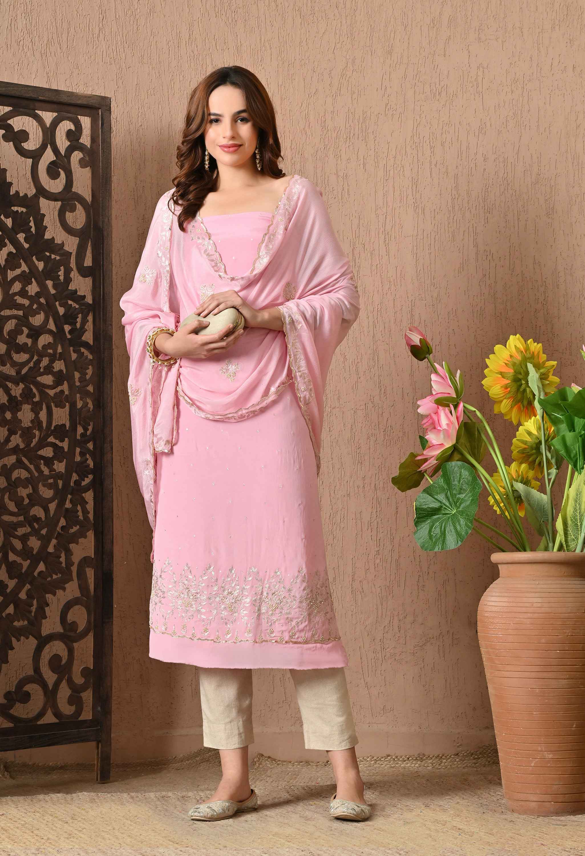 Pink Handwork Crepe Suit Sets