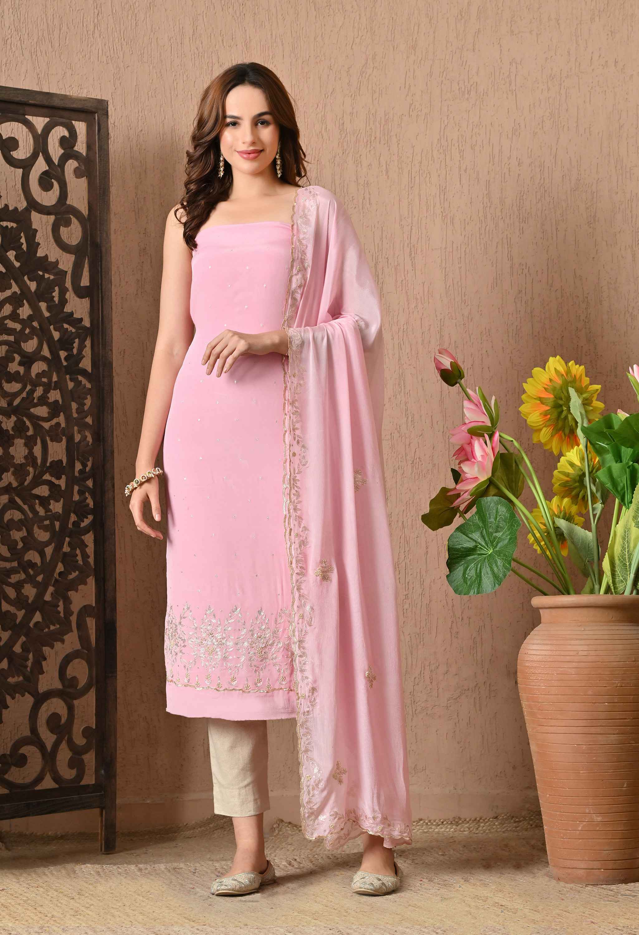 Pink Handwork Crepe Suit Sets