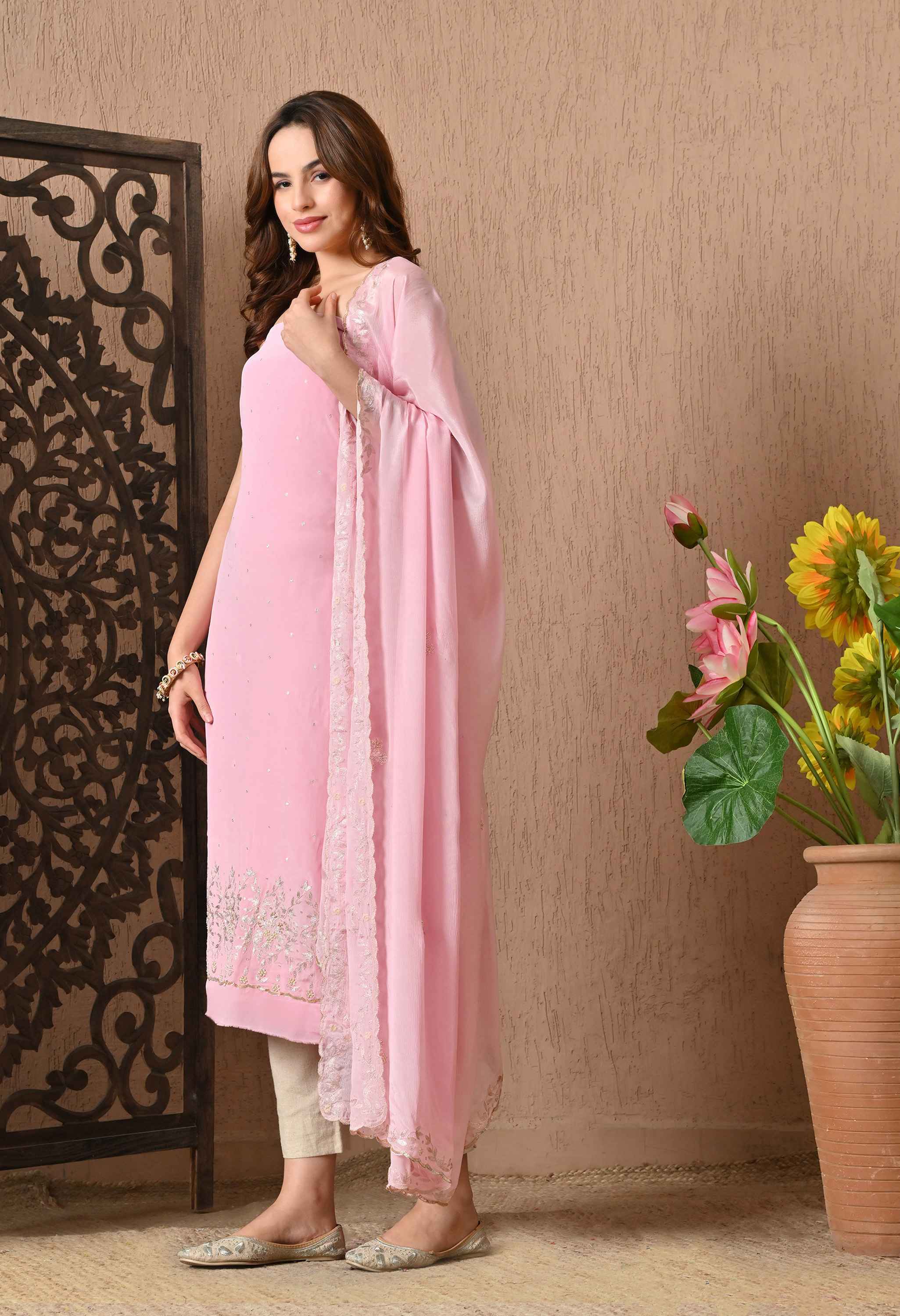 Pink Handwork Crepe Suit Sets