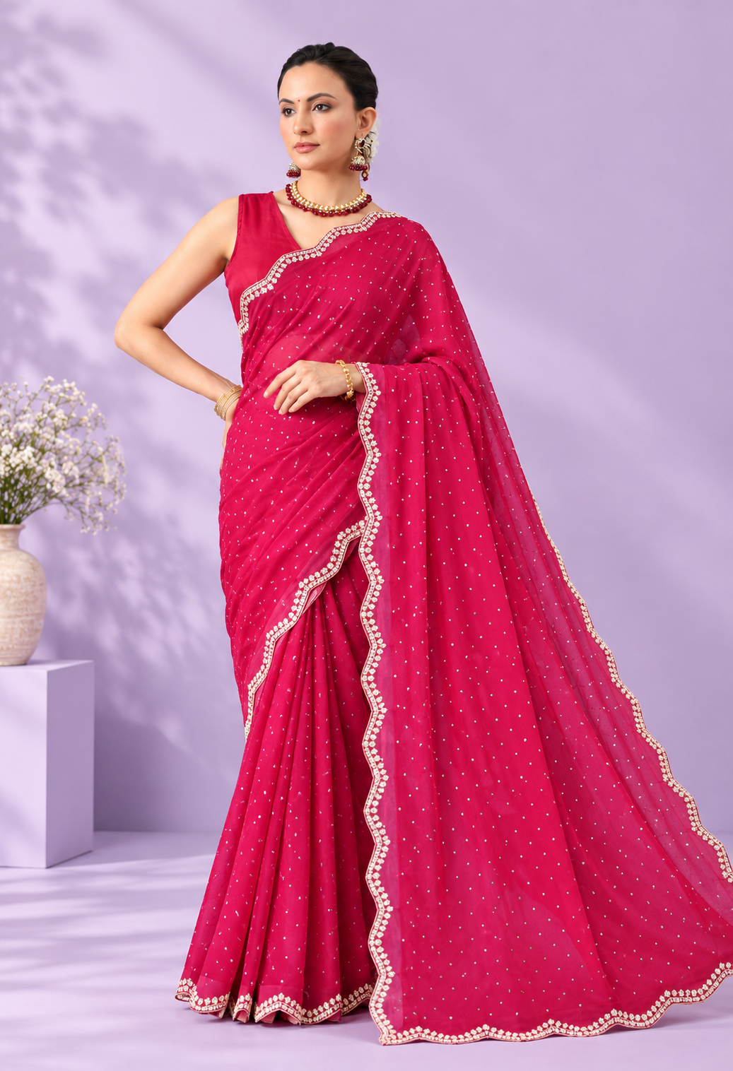 Pair it with a matching pink blouse, traditional gold jewellery and embellished heels for a vibrant and elegant festive look.
