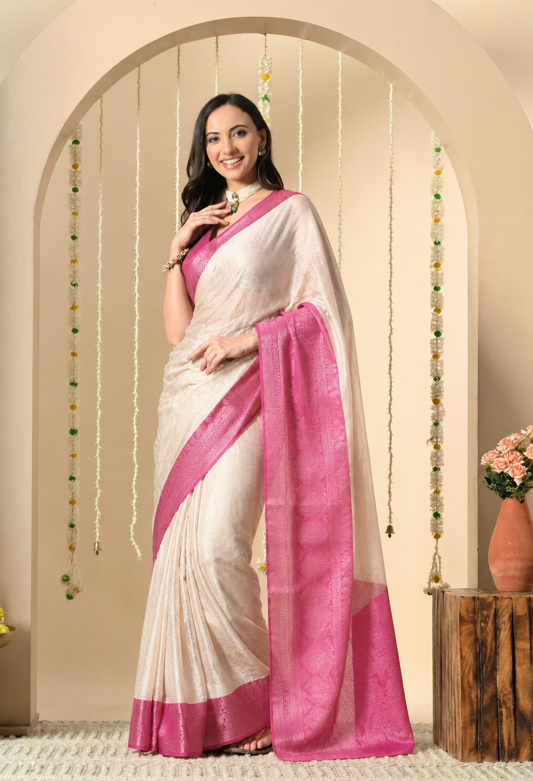 Pink and cream Art Silk saree with woven floral motifs and rich border
