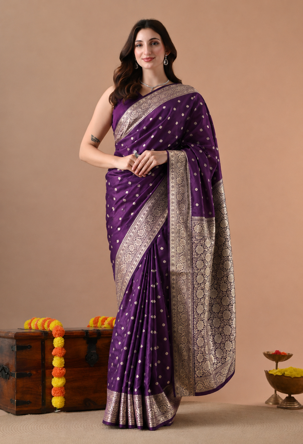 Purple Art Silk saree with golden butti motifs, zari border and floral pallu.
