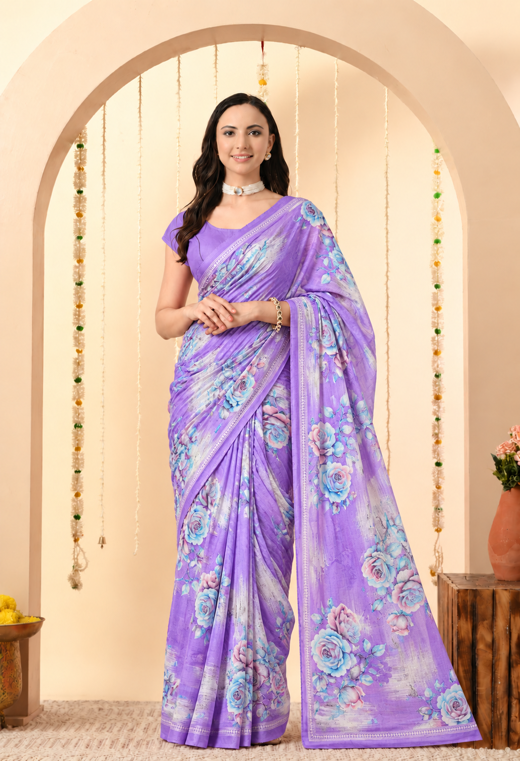 Style this saree with a matching blouse, statement earrings, and minimal accessories for an elegant and sophisticated ethnic look.