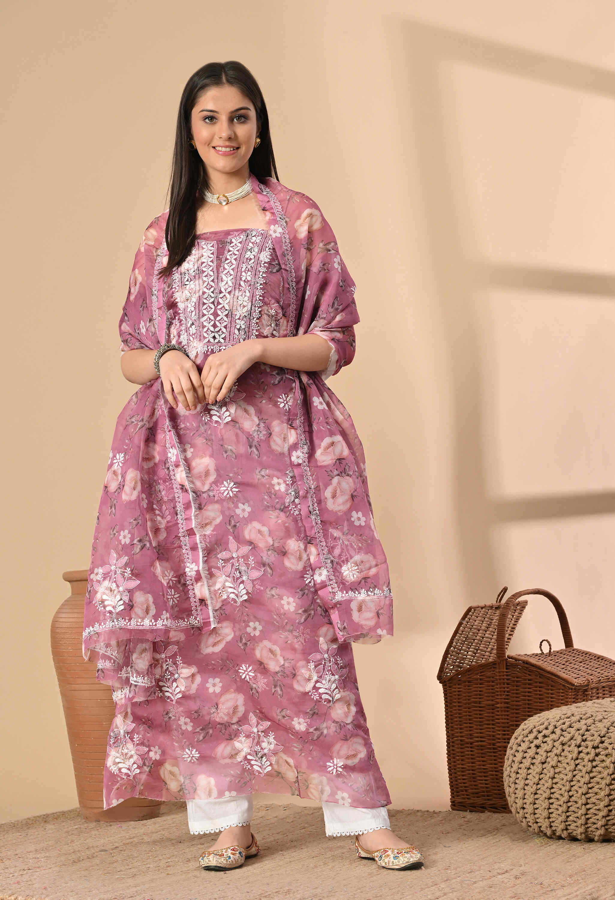  Organza chikankari Suit Set