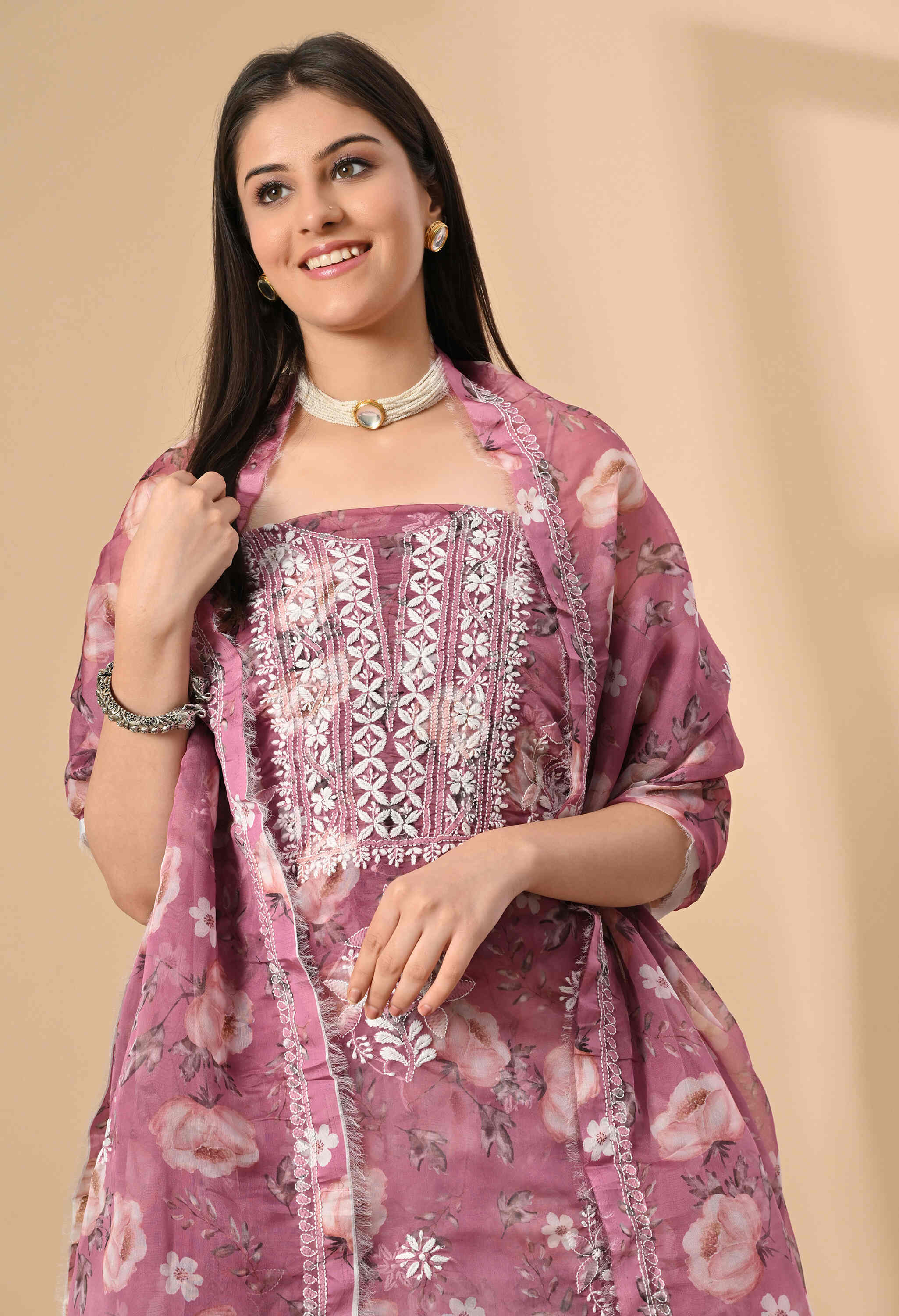  Organza chikankari Suit Set