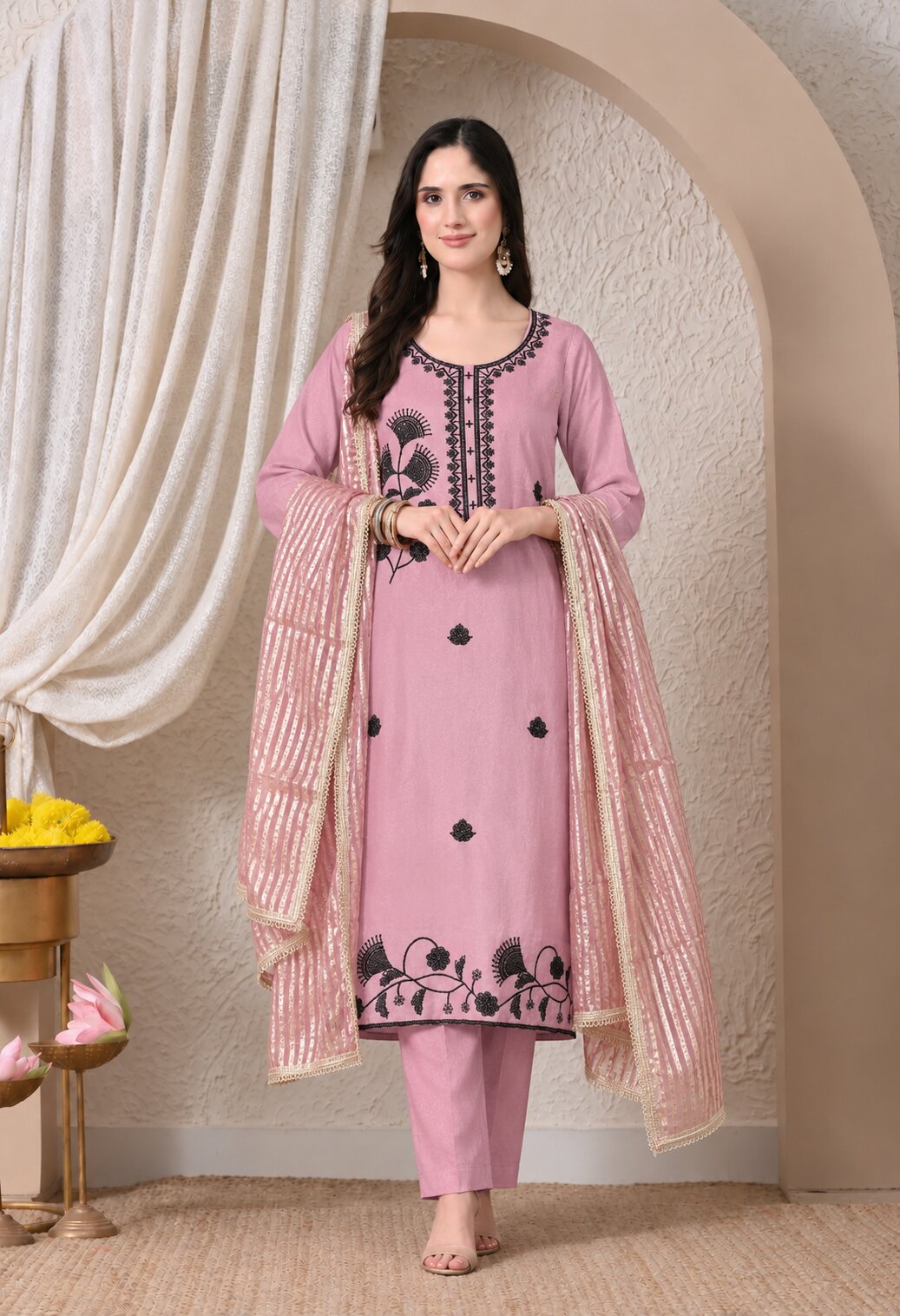 Dusty pink straight-fit kurta suit set featuring black floral embroidery on the neckline, front, and hem, paired with matching straight pants and a coordinating pink dupatta with shimmering striped patterns and a decorative border.