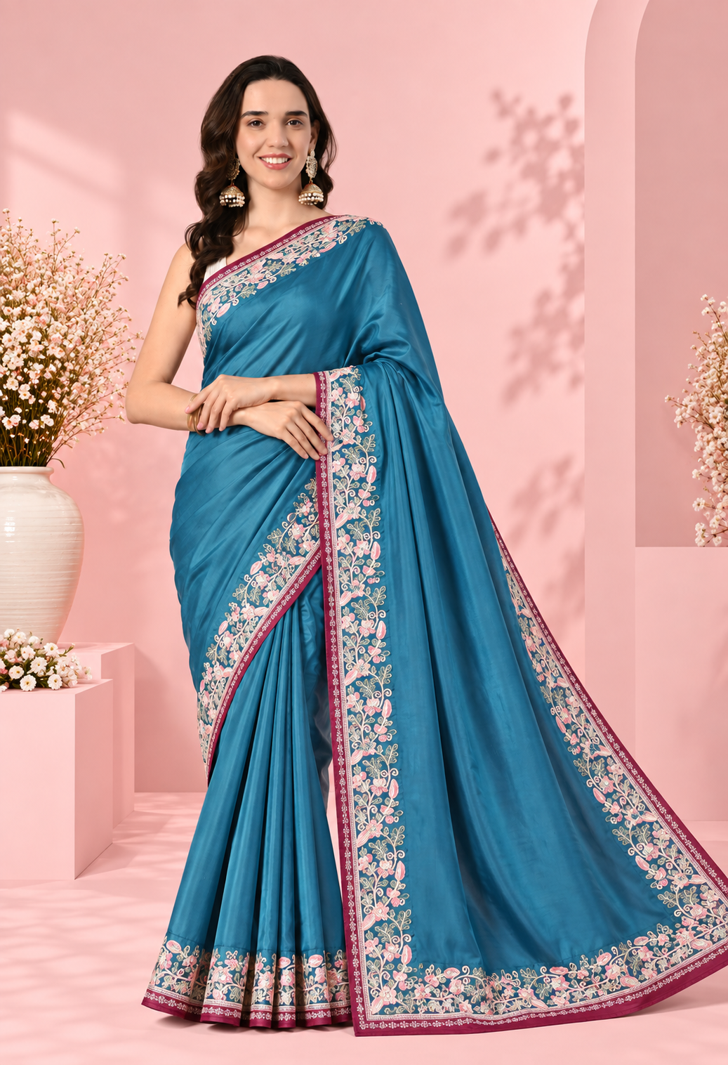 Pair it with a matching teal or pink blouse, statement earrings and elegant heels for a graceful festive look.
