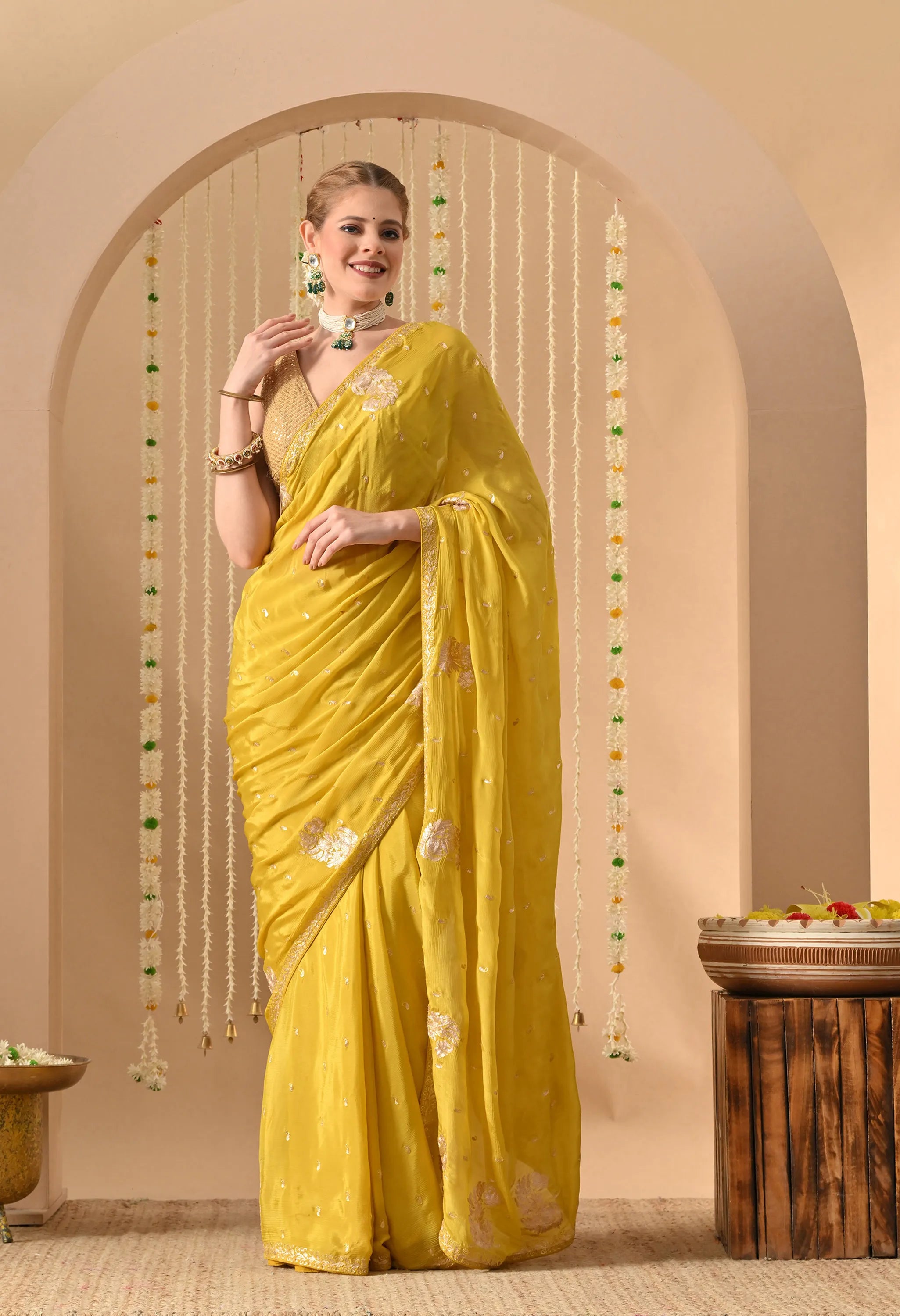Party wear Yellow saree handmade