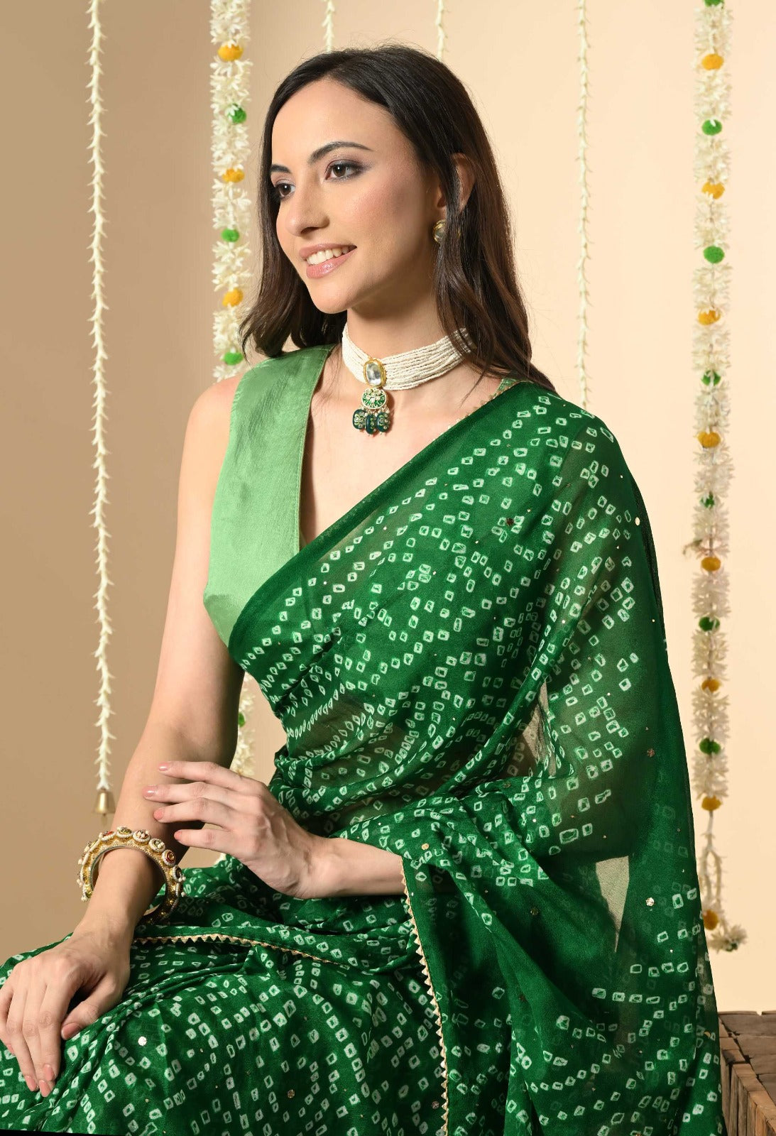 Women Green & White Bandhani Printed Georgette Saree with Gota Patti Border