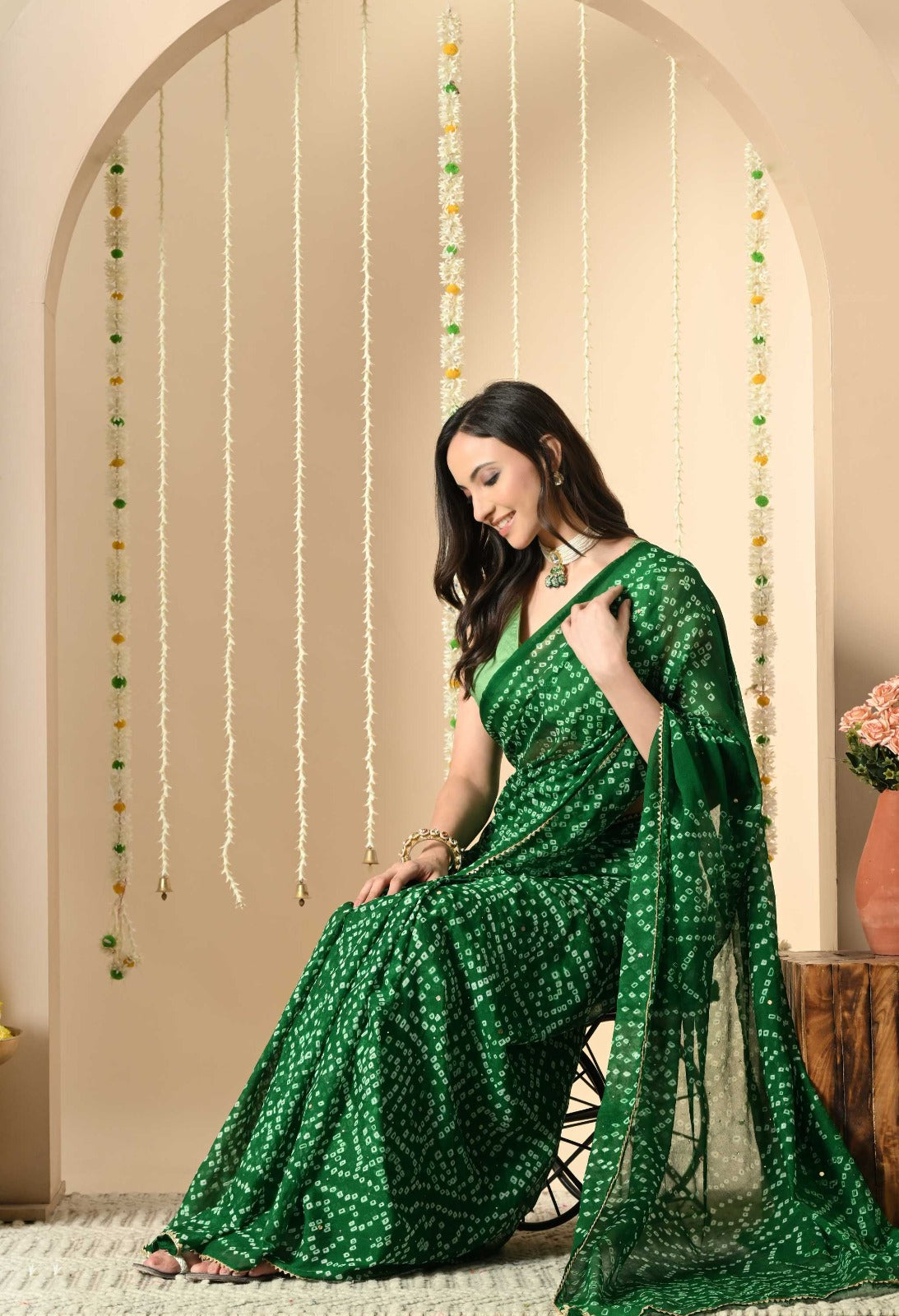 Women Green & White Bandhani Printed Georgette Saree with Gota Patti Border