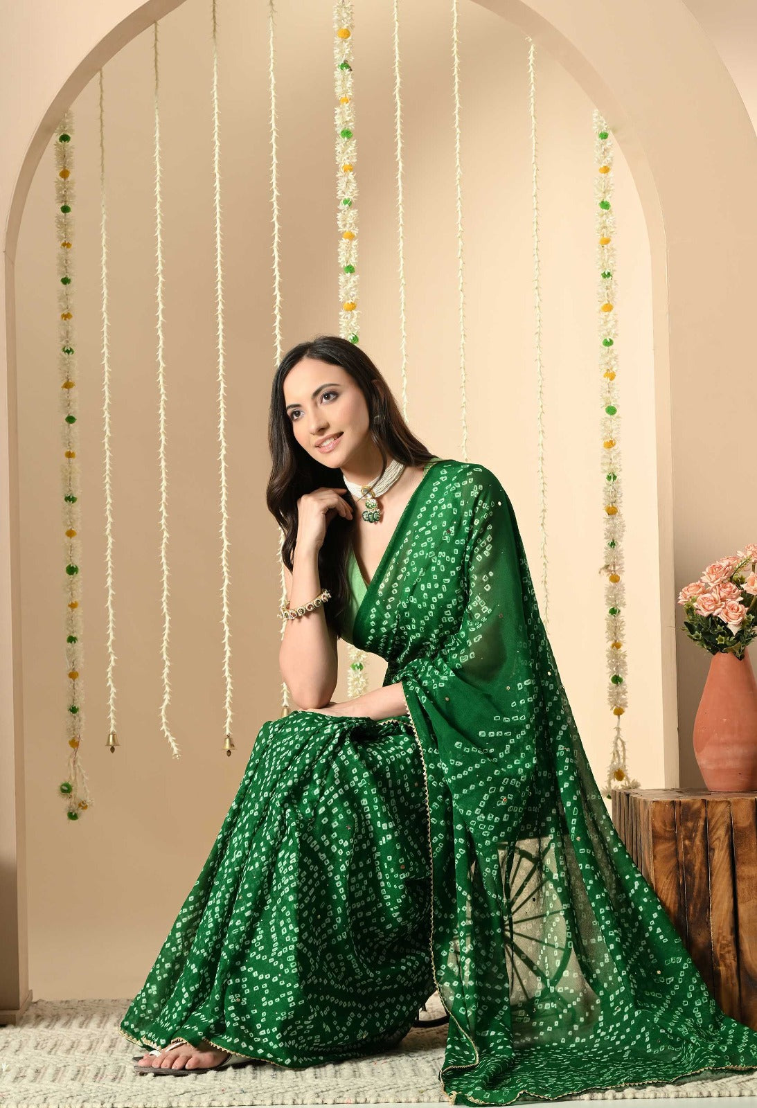 Women Green & White Bandhani Printed Georgette Saree with Gota Patti Border