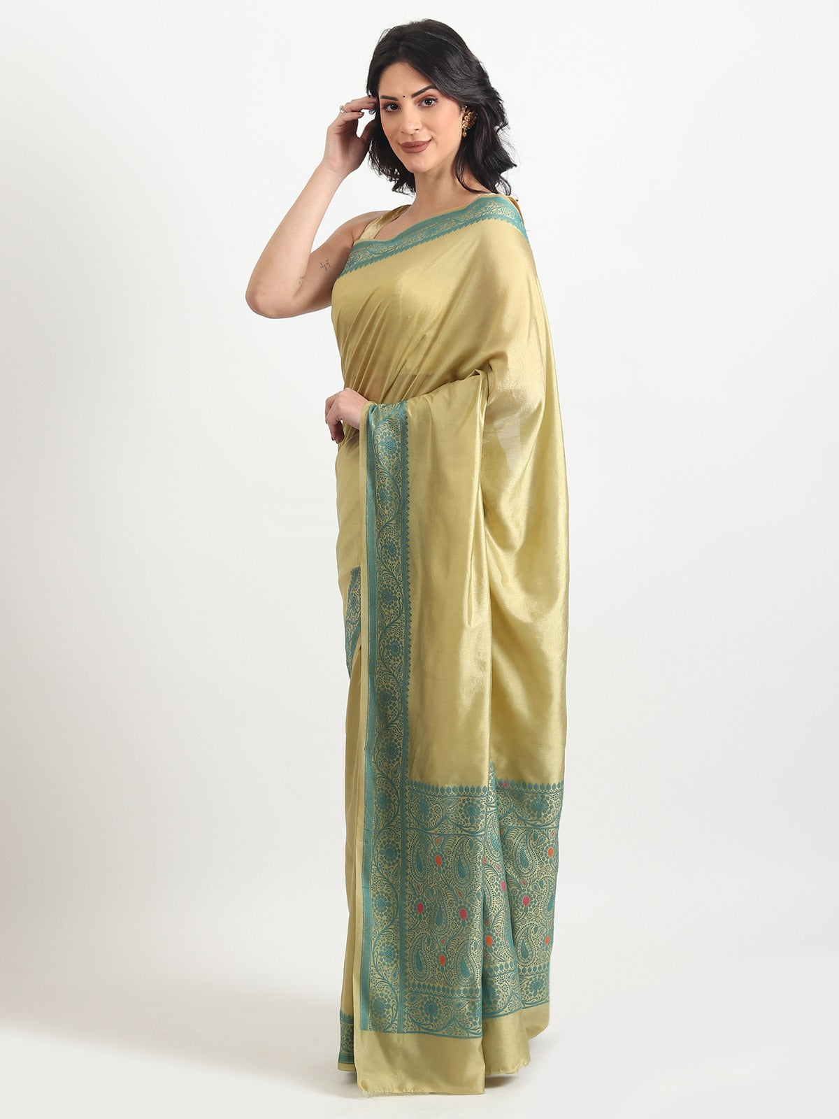 The Weavers Shop By Raavi Banarasi Zari Nakshi Weaving Silk Saree With Unstitched Blouse - Yellow