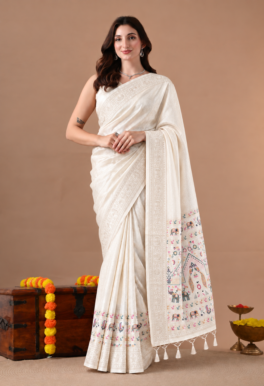 Pair this elegant saree with a matching blouse, pearl jewellery, and embellished footwear for a graceful and sophisticated festive look.