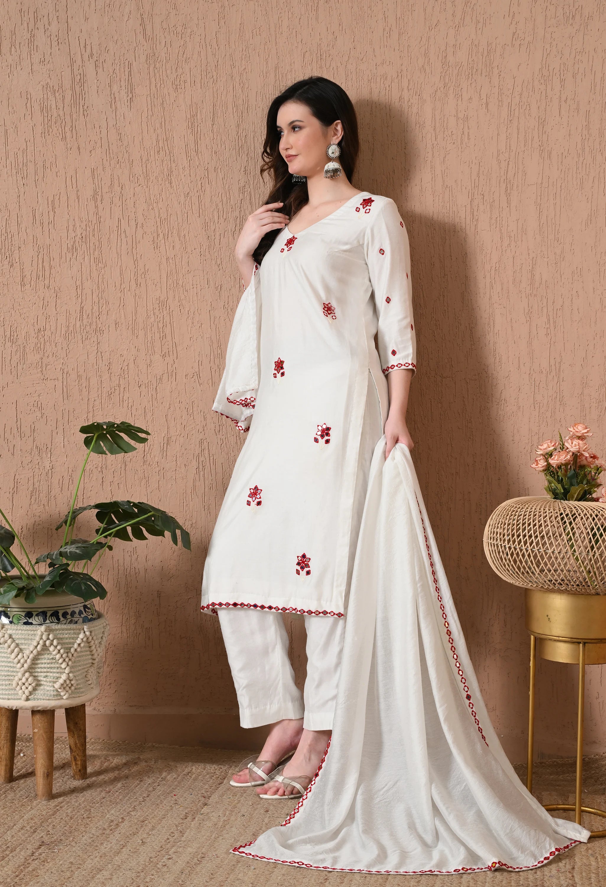 White chanderi cotton suit set women