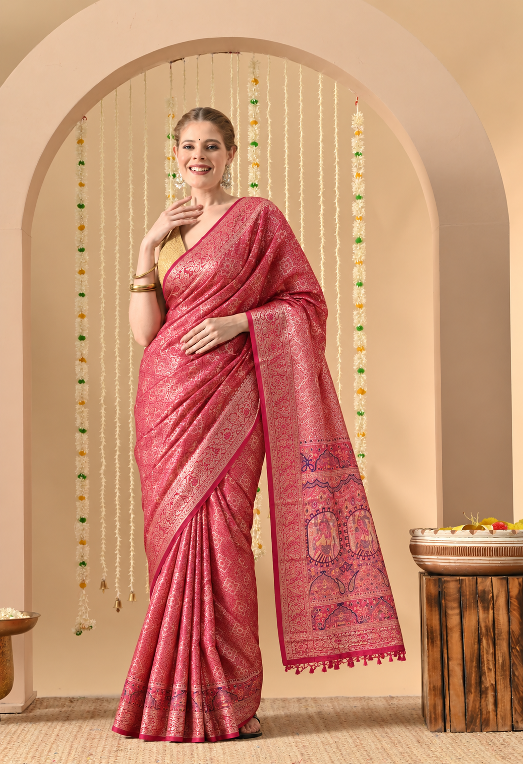 Style this saree with a matching blouse, traditional earrings, bangles, and a neat hairstyle for a sophisticated festive look.