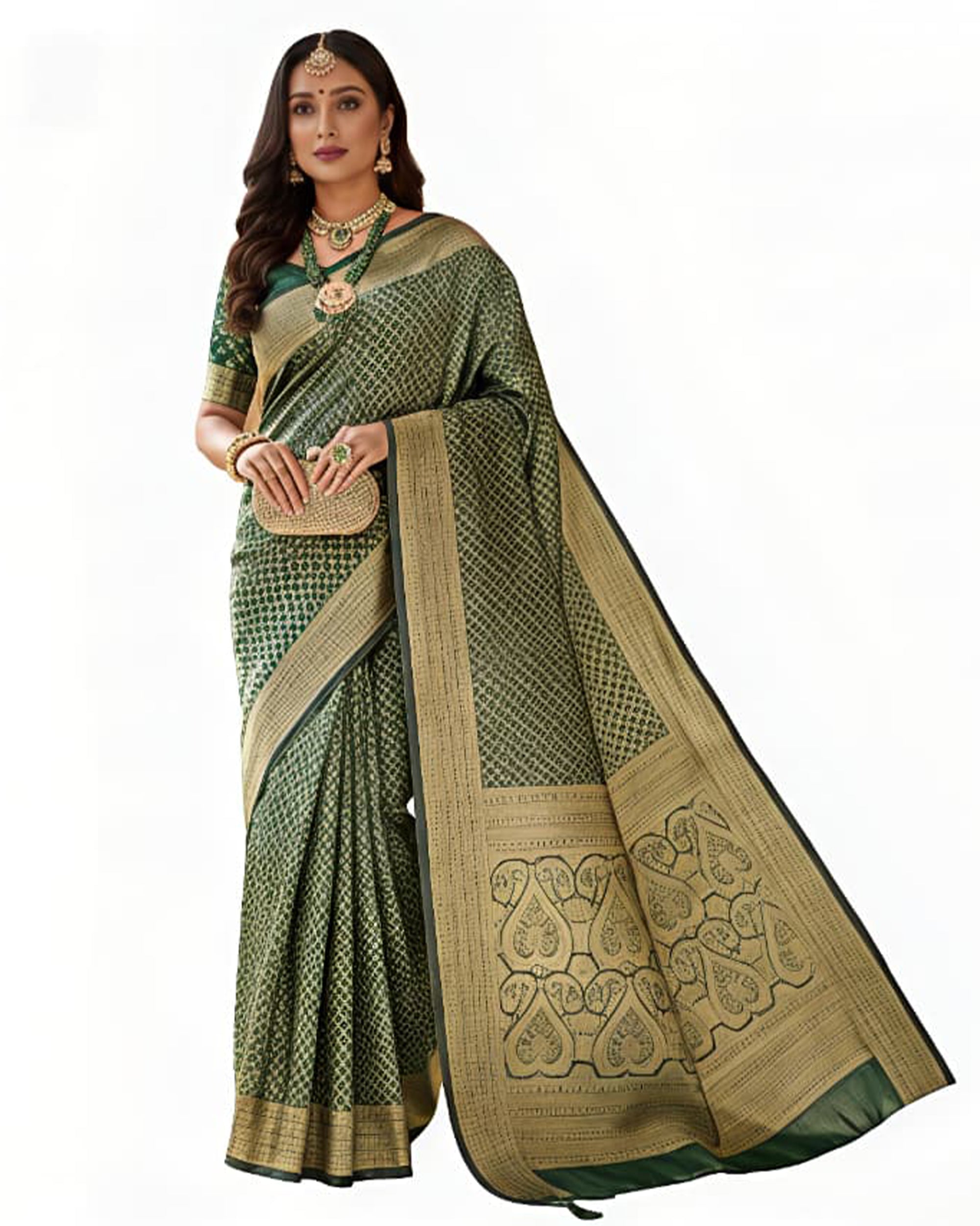 Women Bottle Green & Gold-Toned Woven Design Art Silk Saree
