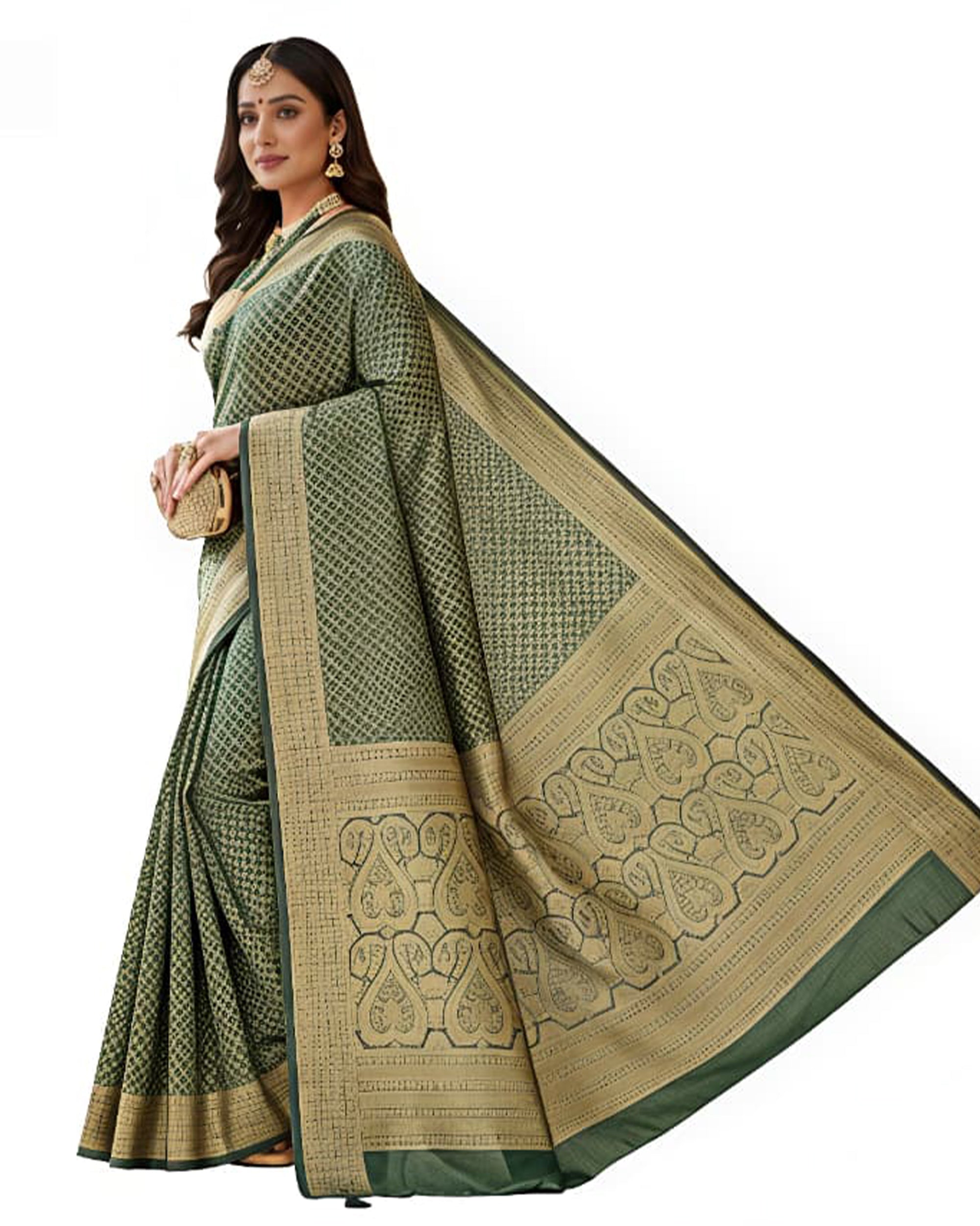 Women Bottle Green & Gold-Toned Woven Design Art Silk Saree