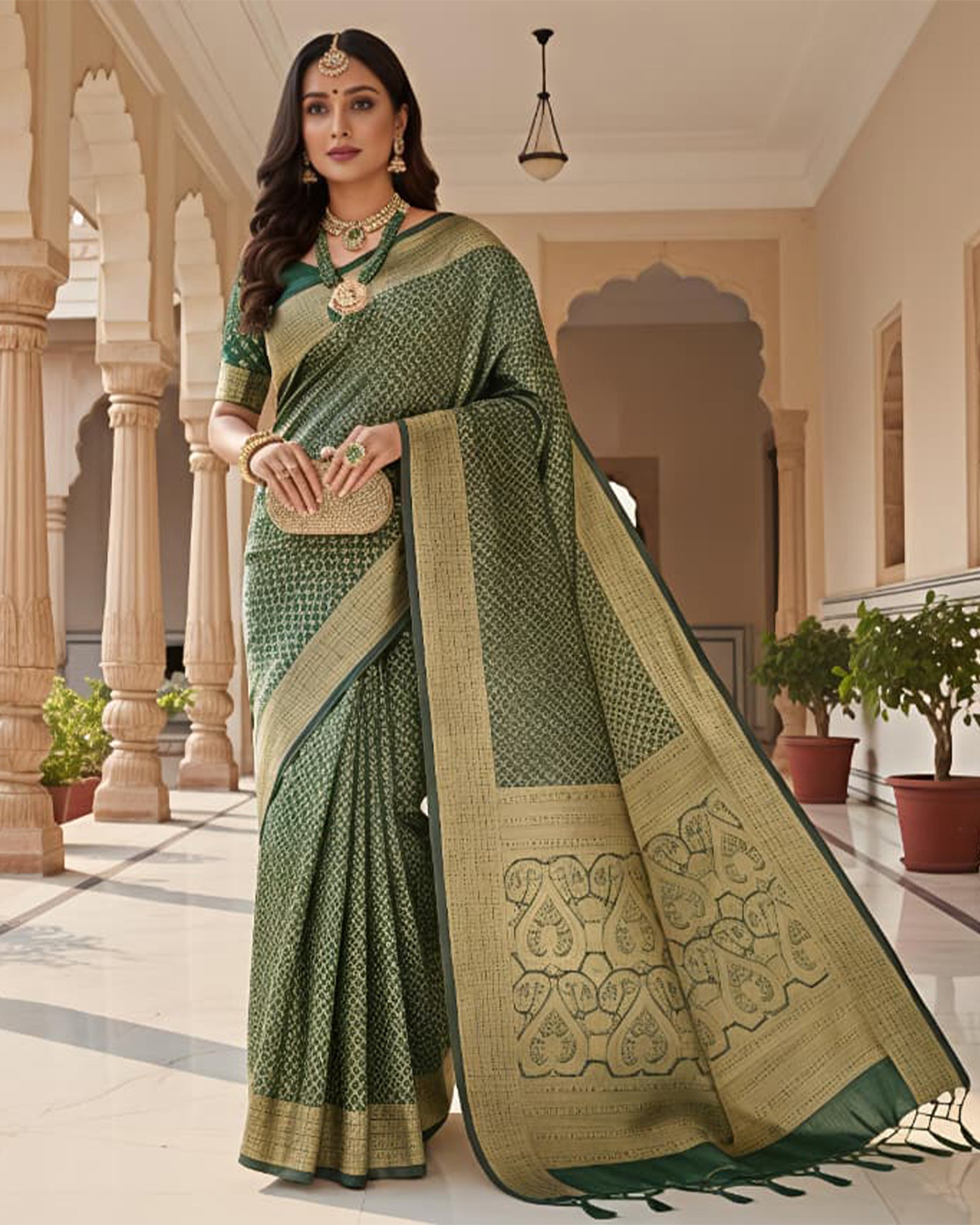 Women Bottle Green & Gold-Toned Woven Design Art Silk Saree