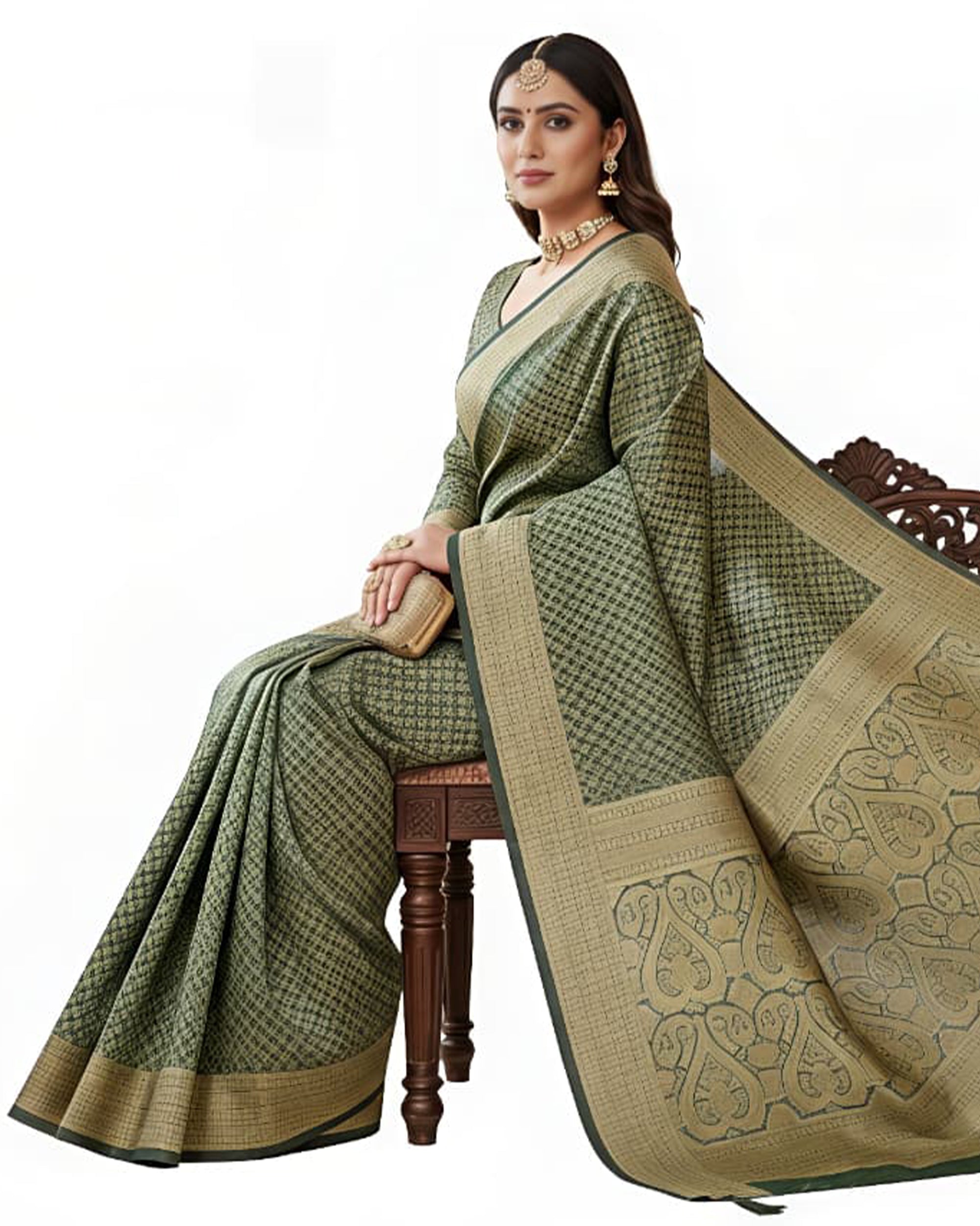 Women Bottle Green & Gold-Toned Woven Design Art Silk Saree