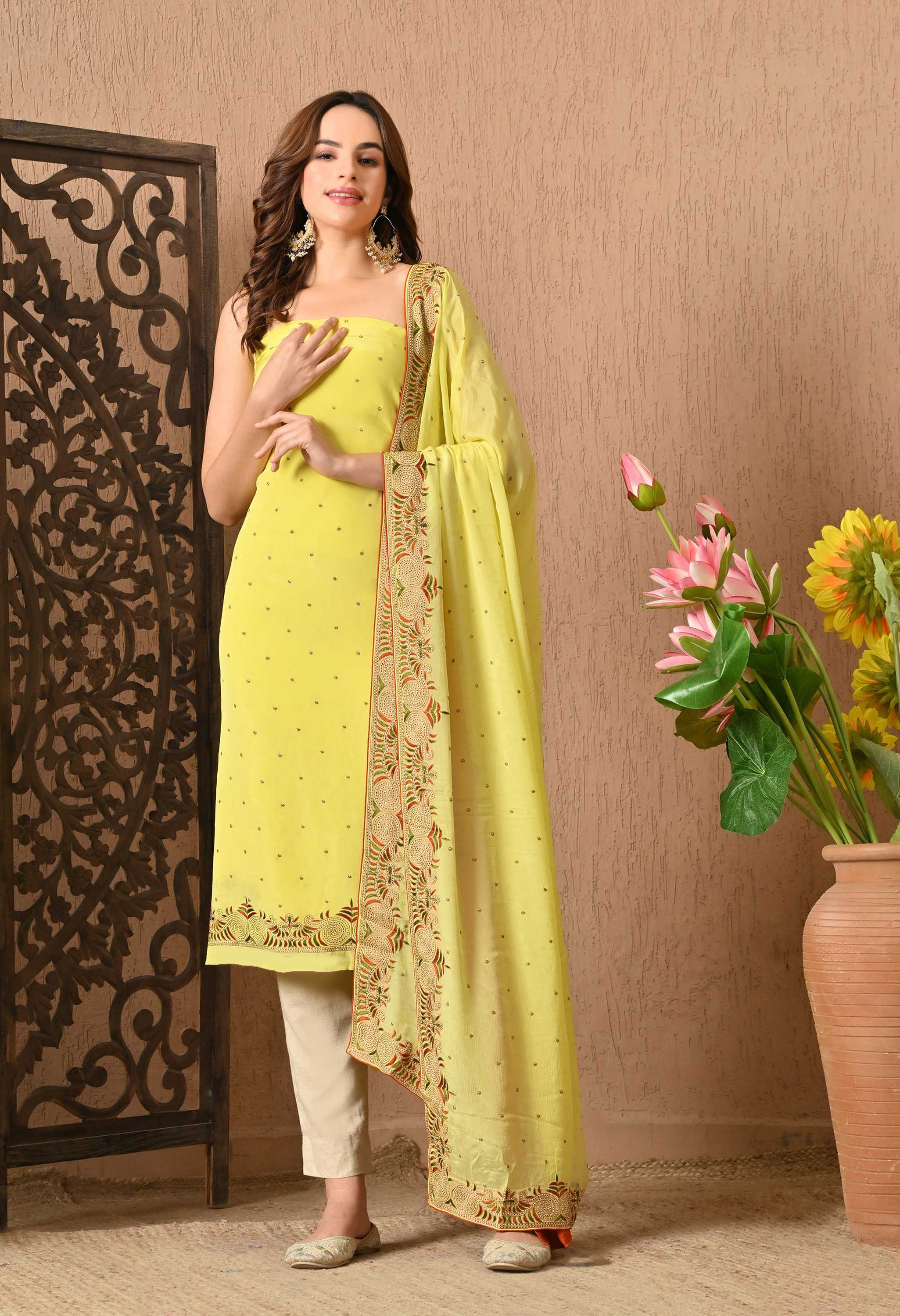 Yellow Crepe Handwork Suit Set