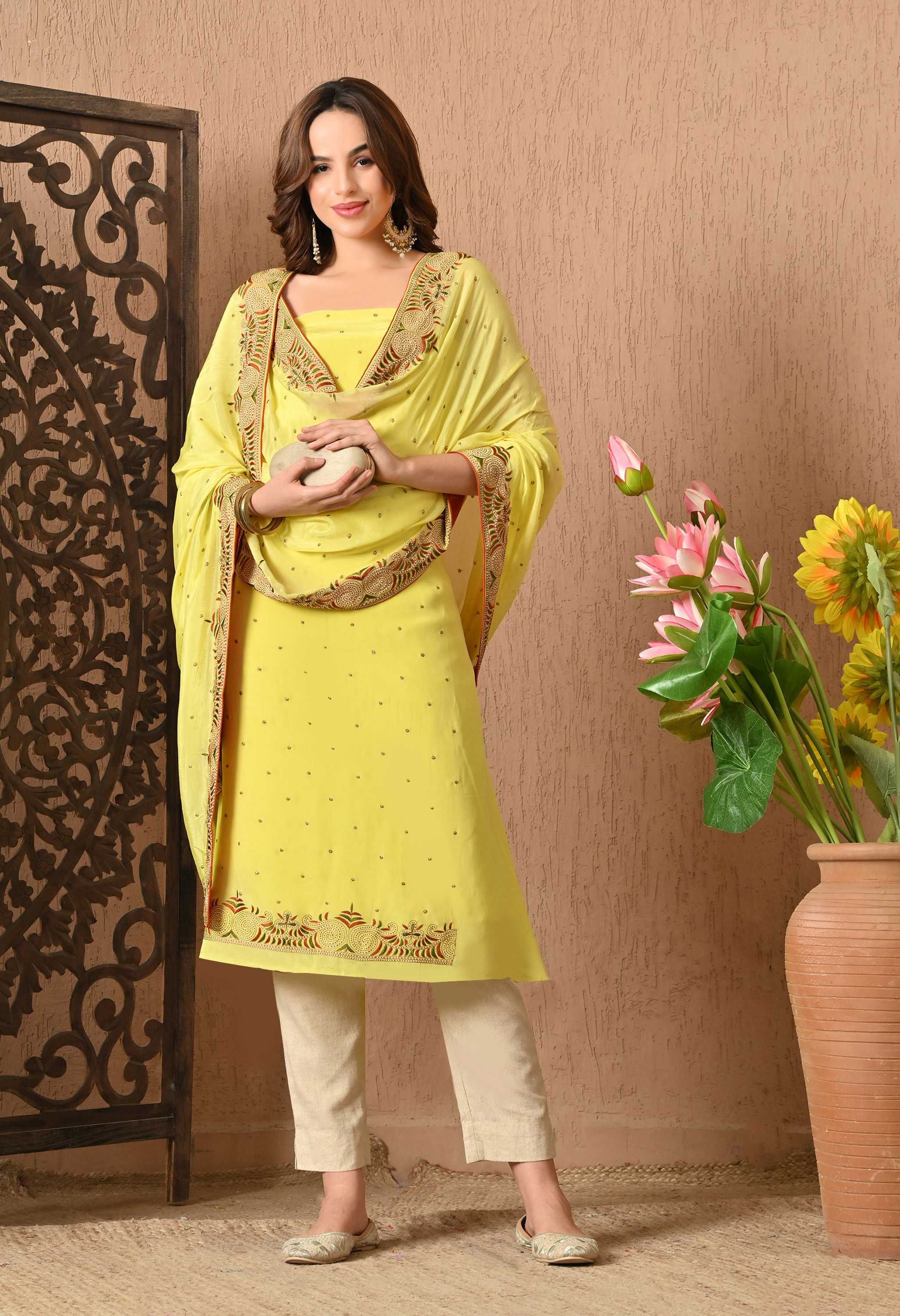 Yellow Crepe Handwork Suit Set