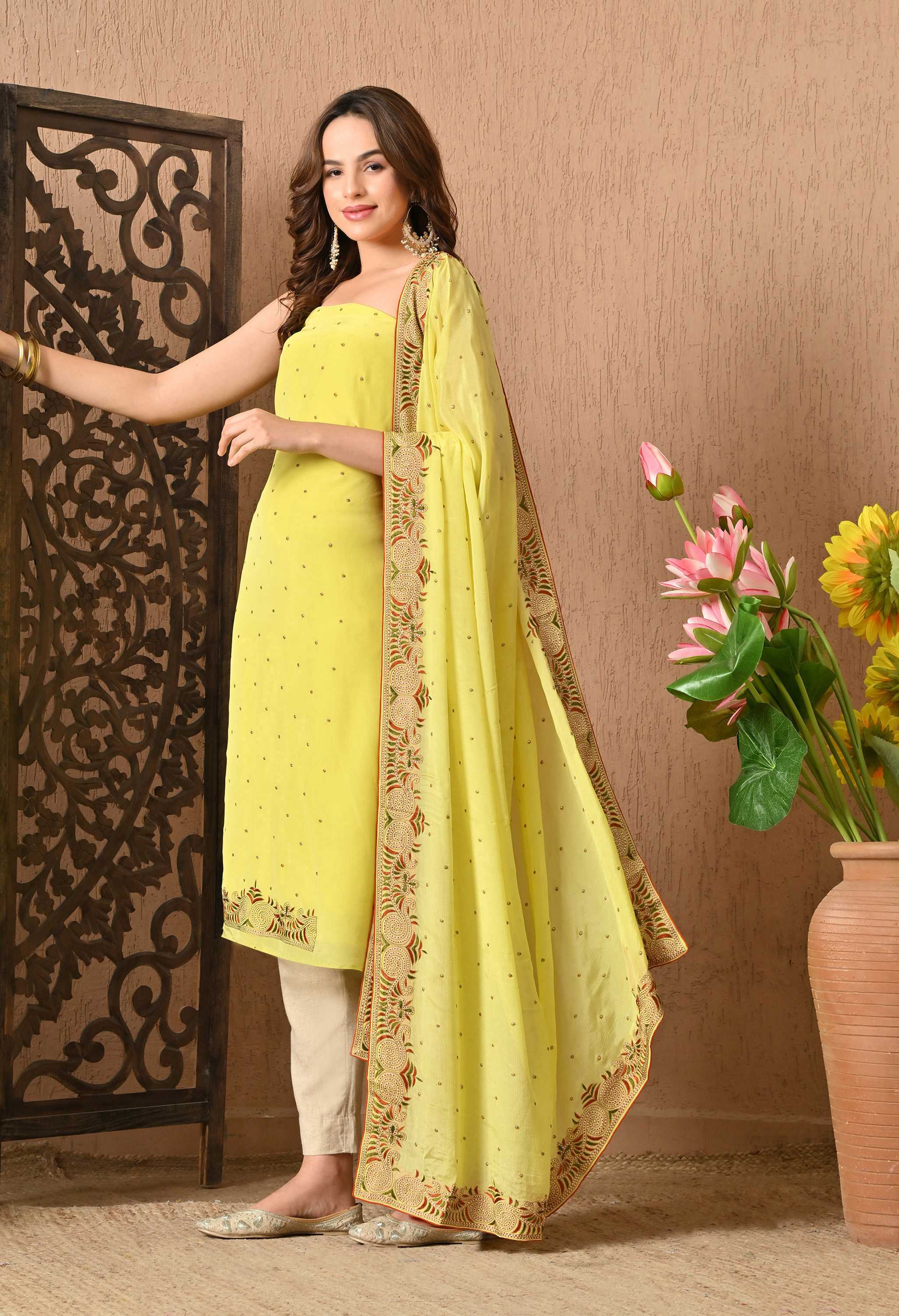 Yellow Crepe Handwork Suit Set