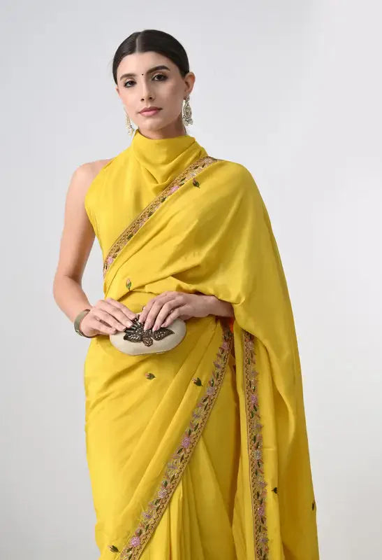 Yellow Italian crepe saree
