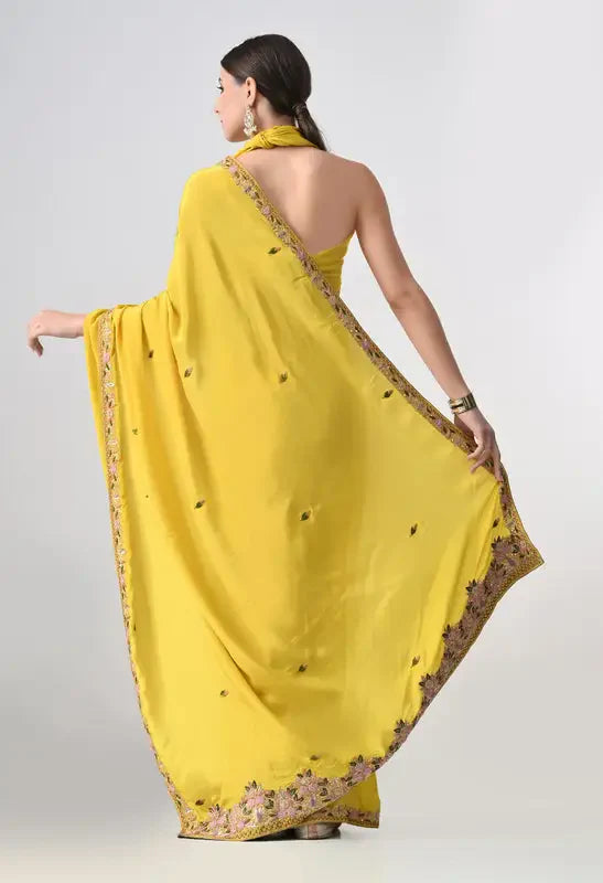 Yellow Italian crepe saree