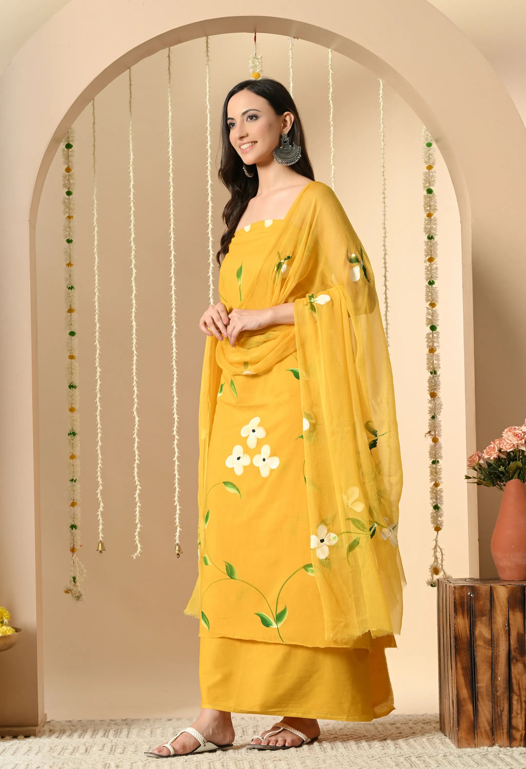 Yellow cotton Hand Painted Suit Set