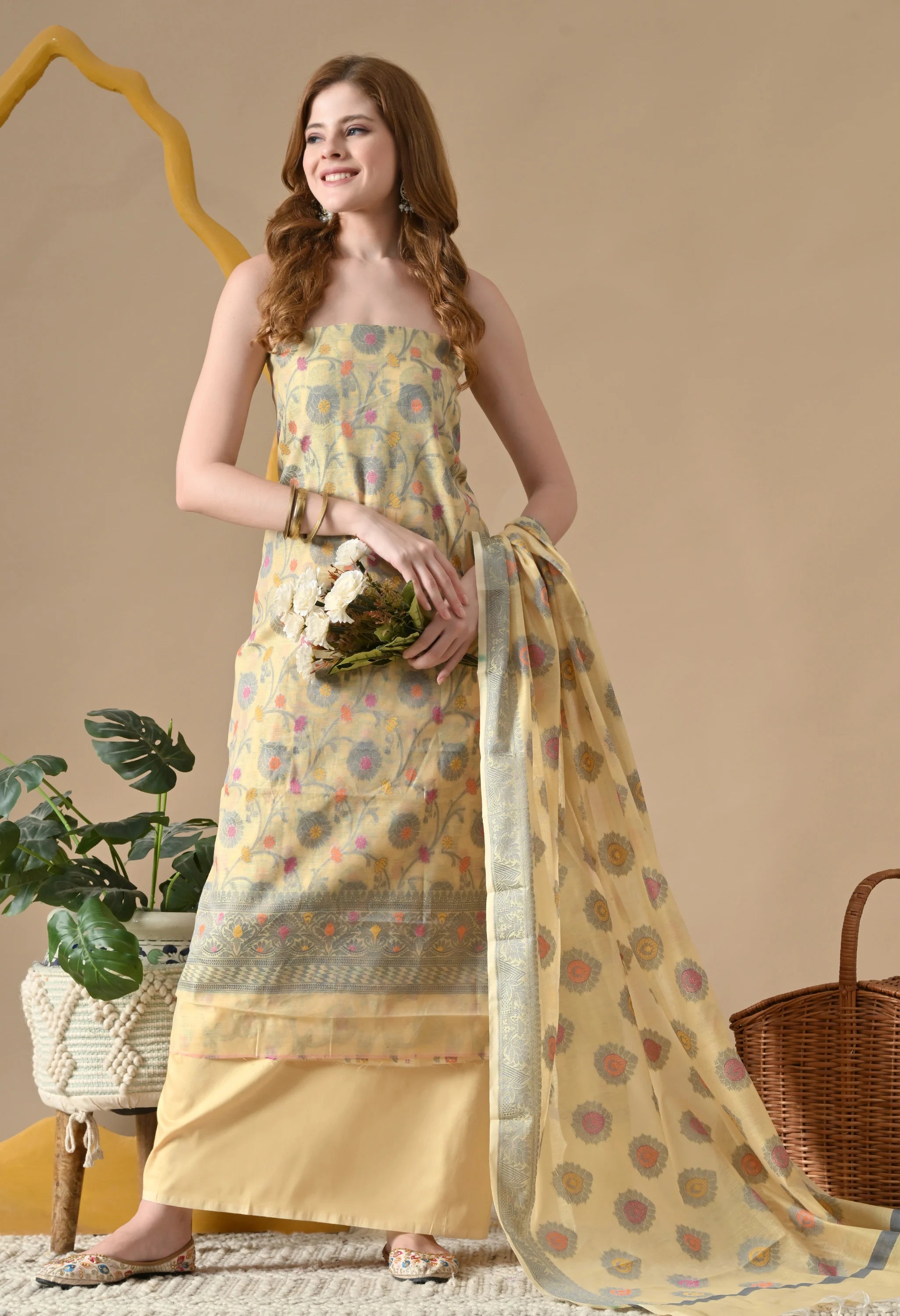 Yellow cotton kurta with dupatta