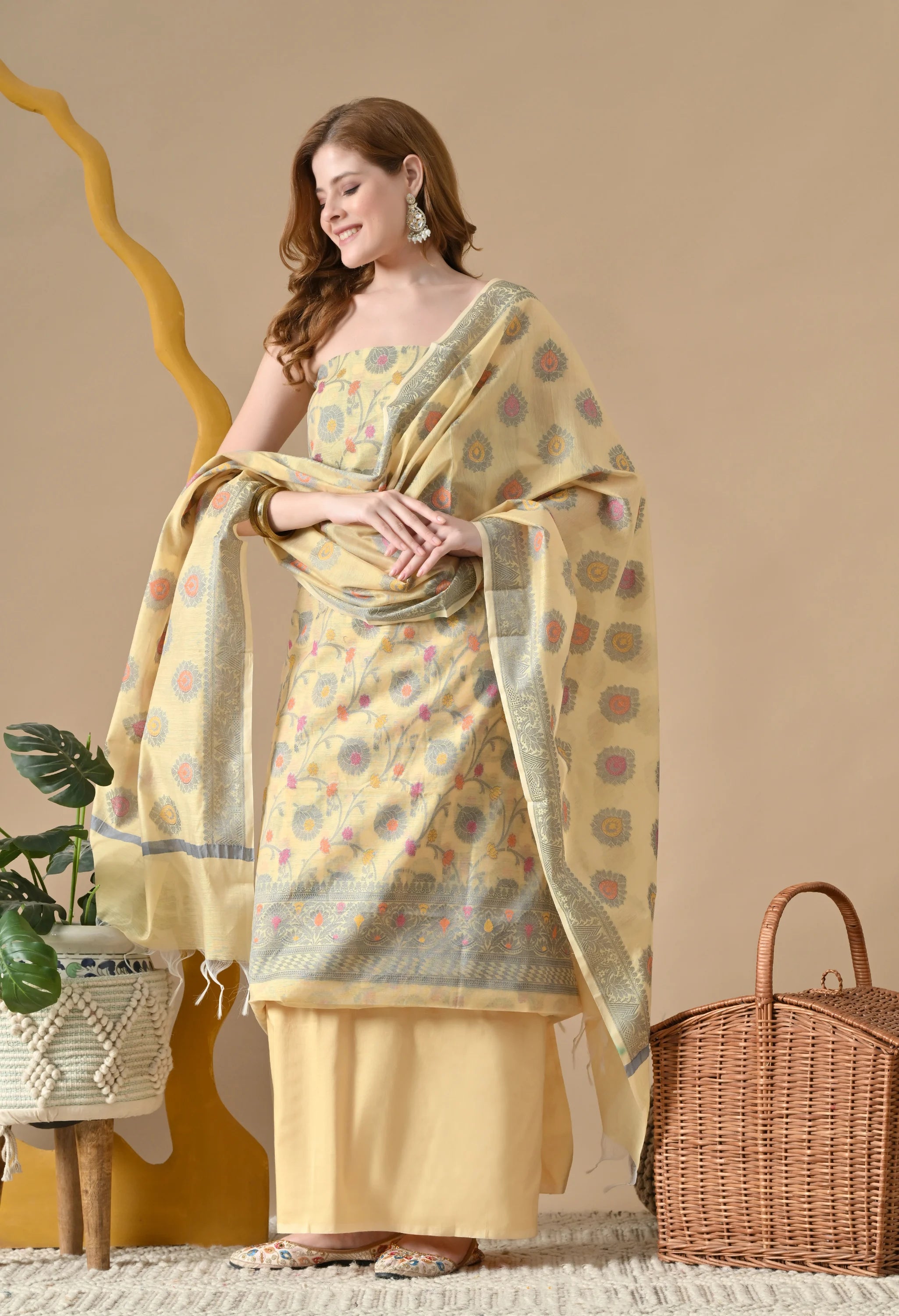 Yellow cotton kurta with dupatta
