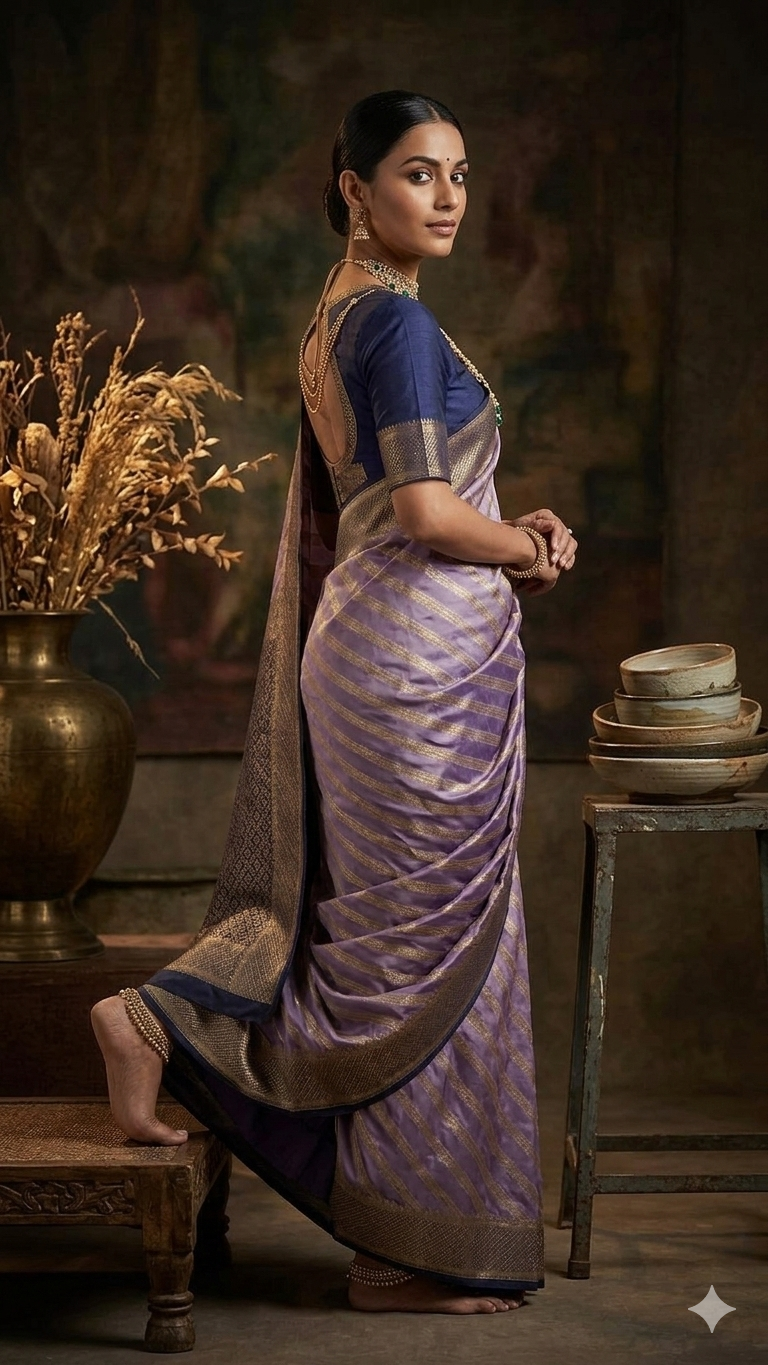 Rear view of a woman wearing a mauve silk blend Banarasi saree with a gold zari grid pattern and a broad, intricate gold-toned border, paired with a navy blue blouse with gold sleeve details.