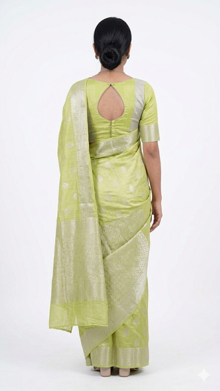 Rear view of a woman wearing a lime green Banarasi silk saree with silver floral patterns and an ornate silver border, featuring a matching green blouse with a circular keyhole back design.
