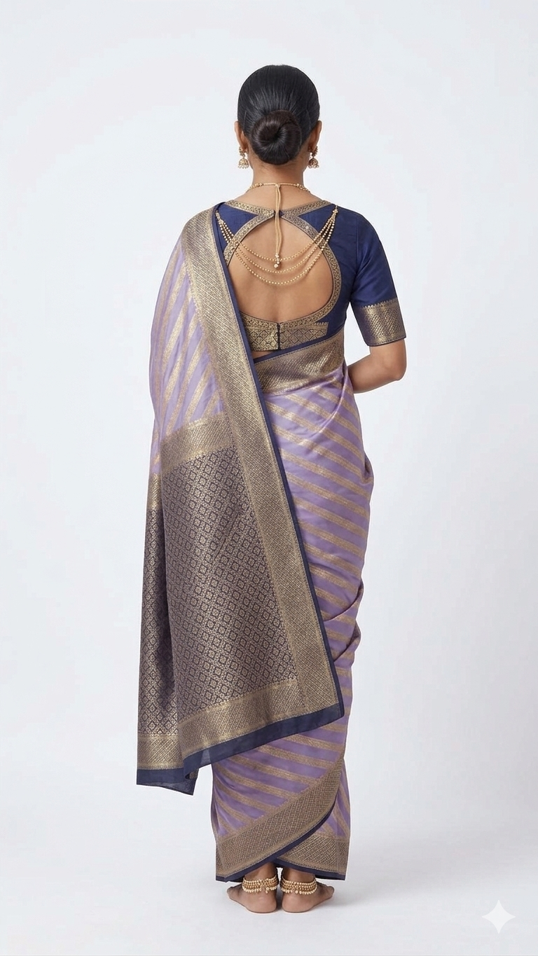 Back view of a mauve and gold-toned Banarasi silk saree showcasing the heavy gold embroidery on the pallu and border, elegantly draped over a navy blue blouse against a plain white background