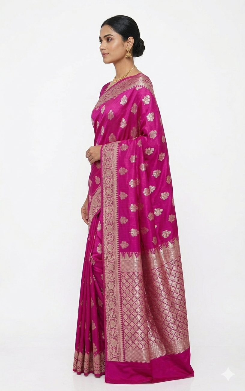 Side profile of a woman wearing a magenta Banarasi silk saree with silver floral motifs and a broad, intricate silver zari border, showcasing the elegant drape against a plain white background