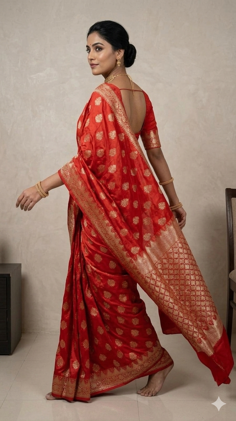 Side view of a woman wearing a red Banarasi silk saree with gold floral motifs, showing the intricate details of the heavy gold zari border and the elegant drape