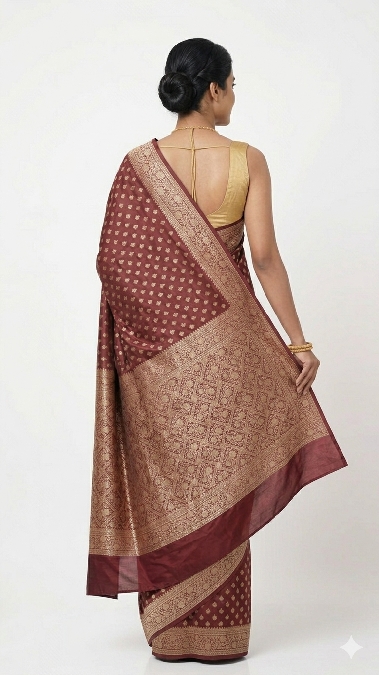Rear view of a woman wearing a maroon Banarasi silk saree with a gold zari grid pattern and a broad ornate gold border, paired with a sleeveless gold blouse.