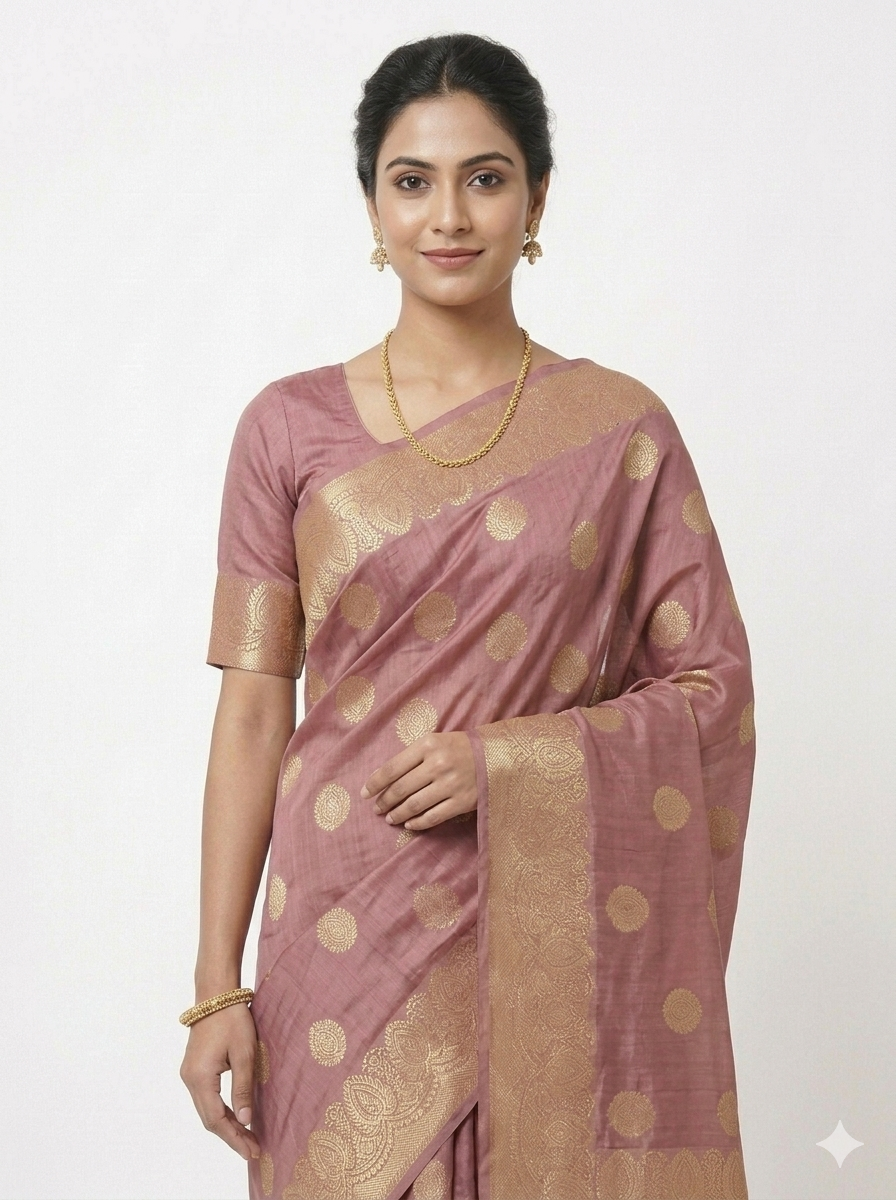 Front view of a woman draped in a mauve hand-woven silk saree with traditional gold zari work. The saree features a lustrous texture, gold floral patterns, and a heavy zari border, styled with a matching elbow-length sleeve blouse.